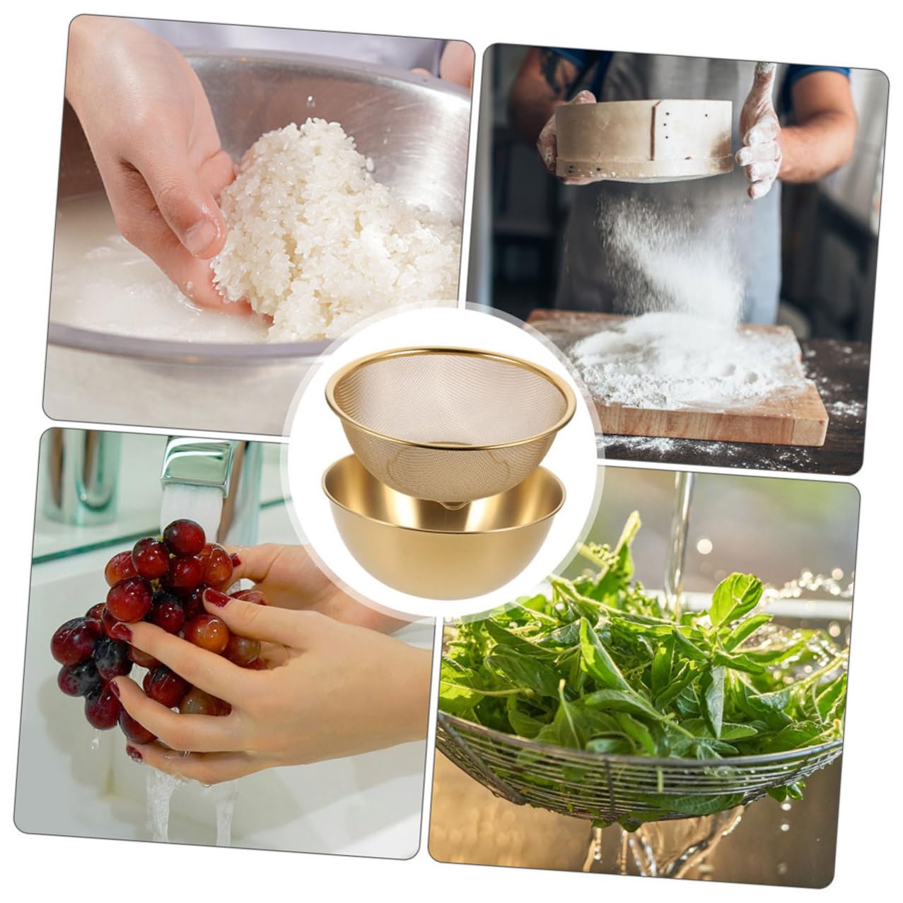 iplusmile Colador de Arroz Set de 2 Piezas y Resistente y Duradero Cesta de Drenaje de Acero Inoxidable Dorado para Lavar Verduras y Platos en Cocina