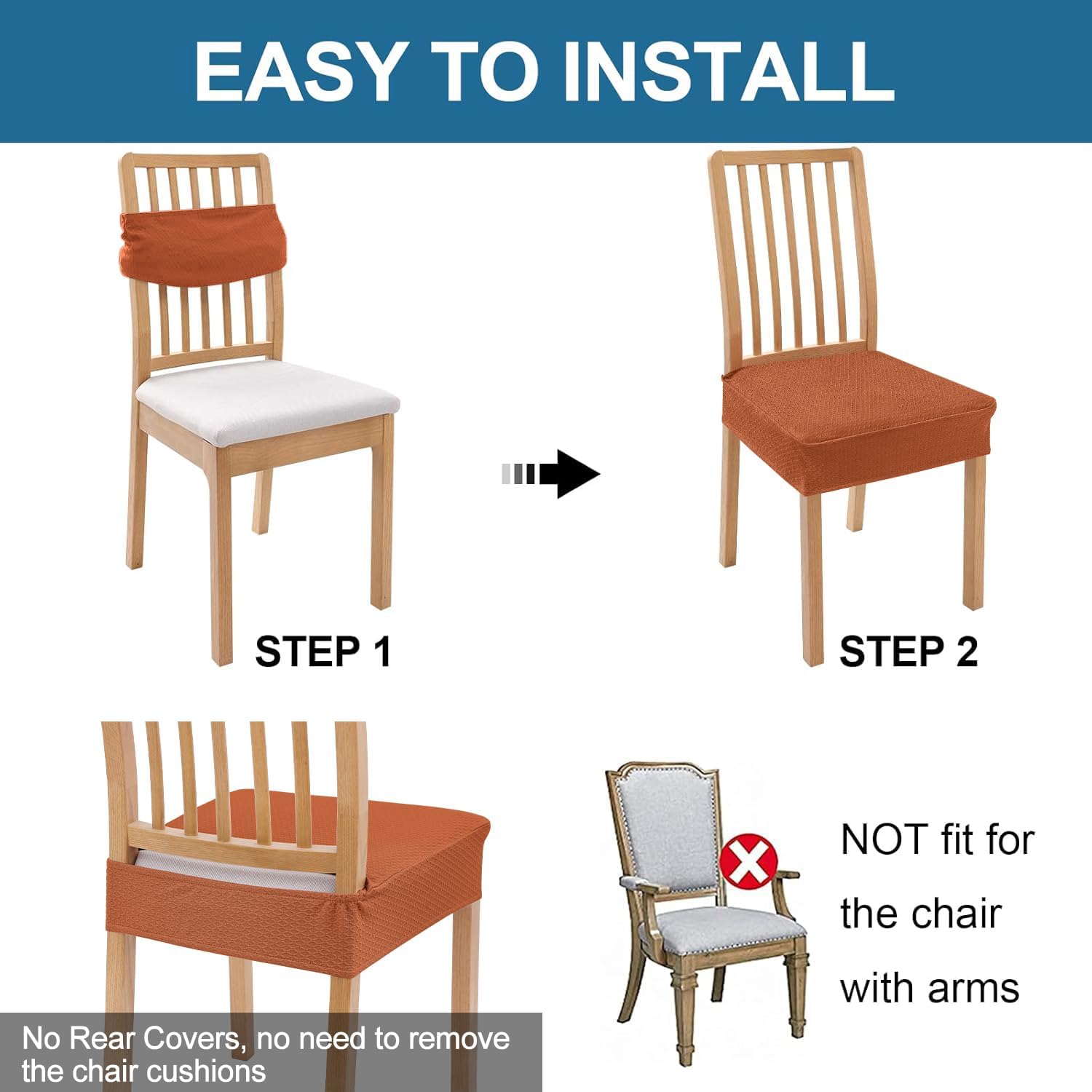 Smiry Waterproof Seat Covers for Dining Room Chairs Set of 2, Stretch Removable Washable Chair Seat Slipcovers Protector, No Rear Covers, Rust