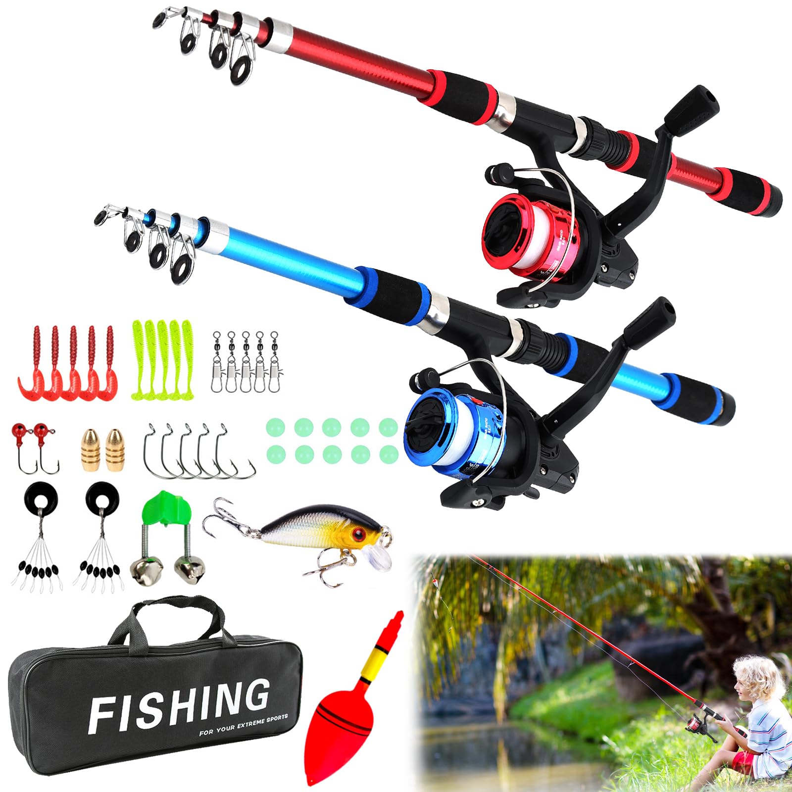 Juego de 2 cañas de pescar para niños, caña de pescar para niños, caña de pescar telescópica, 180 cm, caña de pescar telescópica portátil y carrete con cebo de línea de pesca, bolsa para niños y
