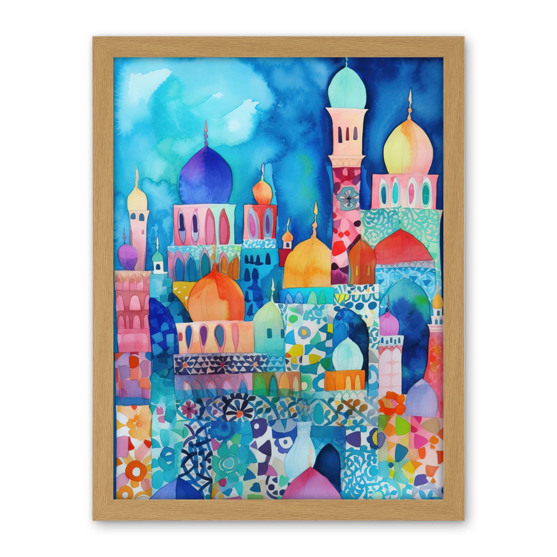 Artery8 Morocco Cityscape Moonlight Folk Art Artwork Framed Wall Art Print 18X24 Inch