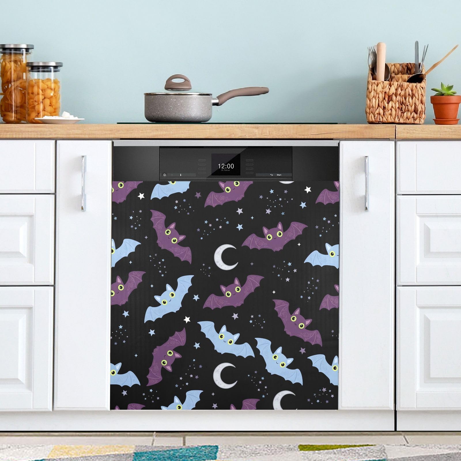 Dishwasher Magnet Cover 58.42 x 66.04 cm Magnetic Dishwasher Door Cover Trimmable Appliance Decorative Panel Decal for Kitchen Cabinet Refrigerator Washer, Moon Bats