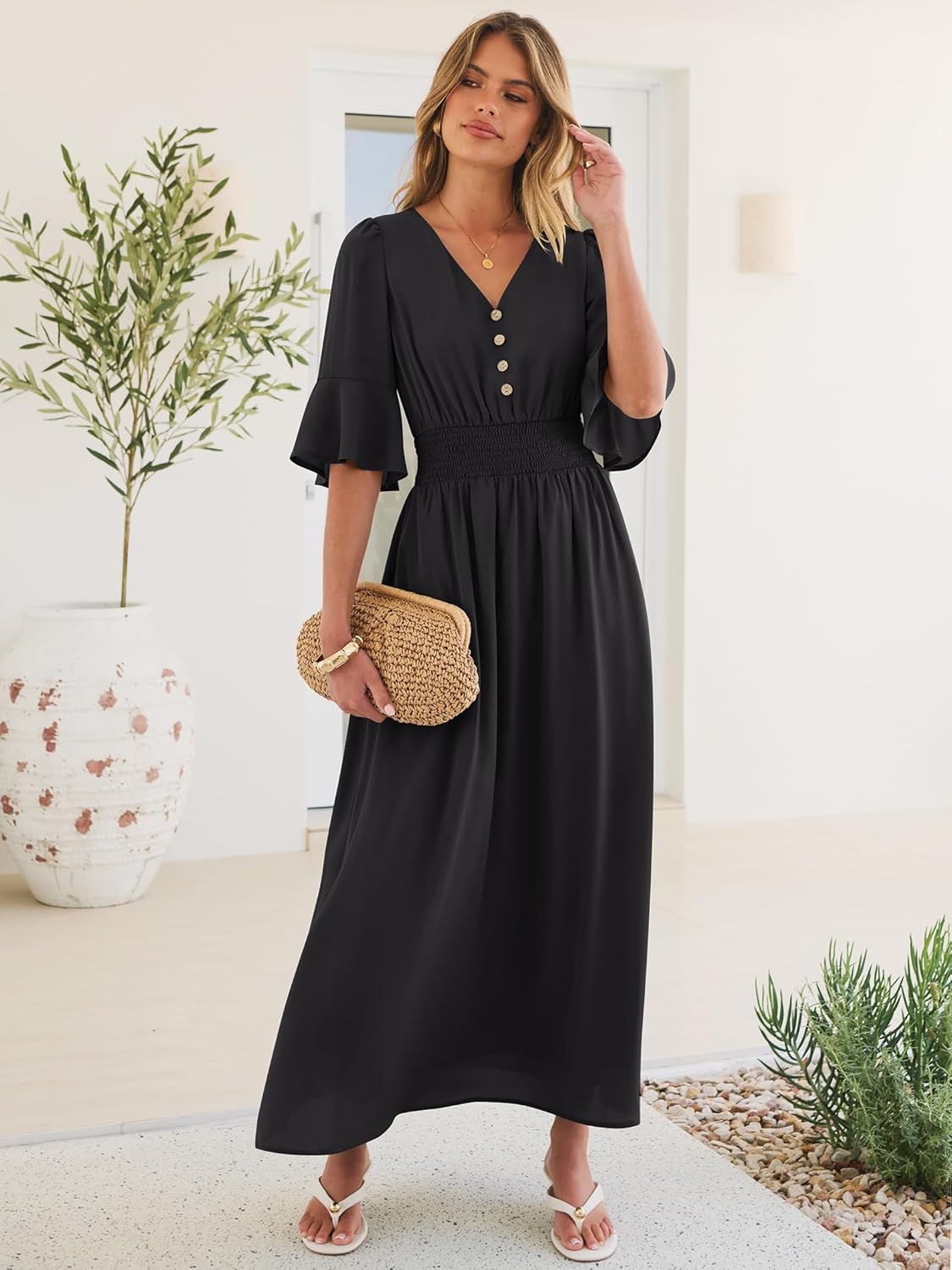 ANRABESS Womens Maxi Dress 2026 Summer Boho Ruffle Sleeve V Neck A Line Elastic Waist Flowy Wedding Guest Party Long Dresses - Image 4