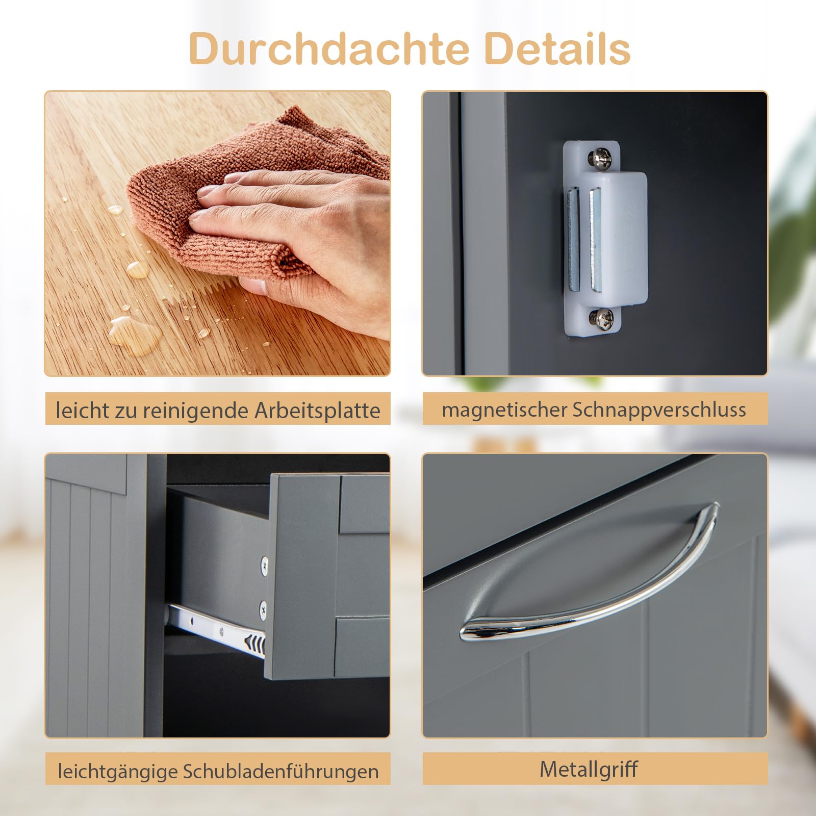 COSTWAY Kommode für Mülleimer 42L, Küchenschrank mit großer Arbeitplatte & 2 Schubladen & verstellbarem Regal, Mülleimerschrank mit Mülleimerhalter, Schrank für Küche ohne Mülleimer (Grau)