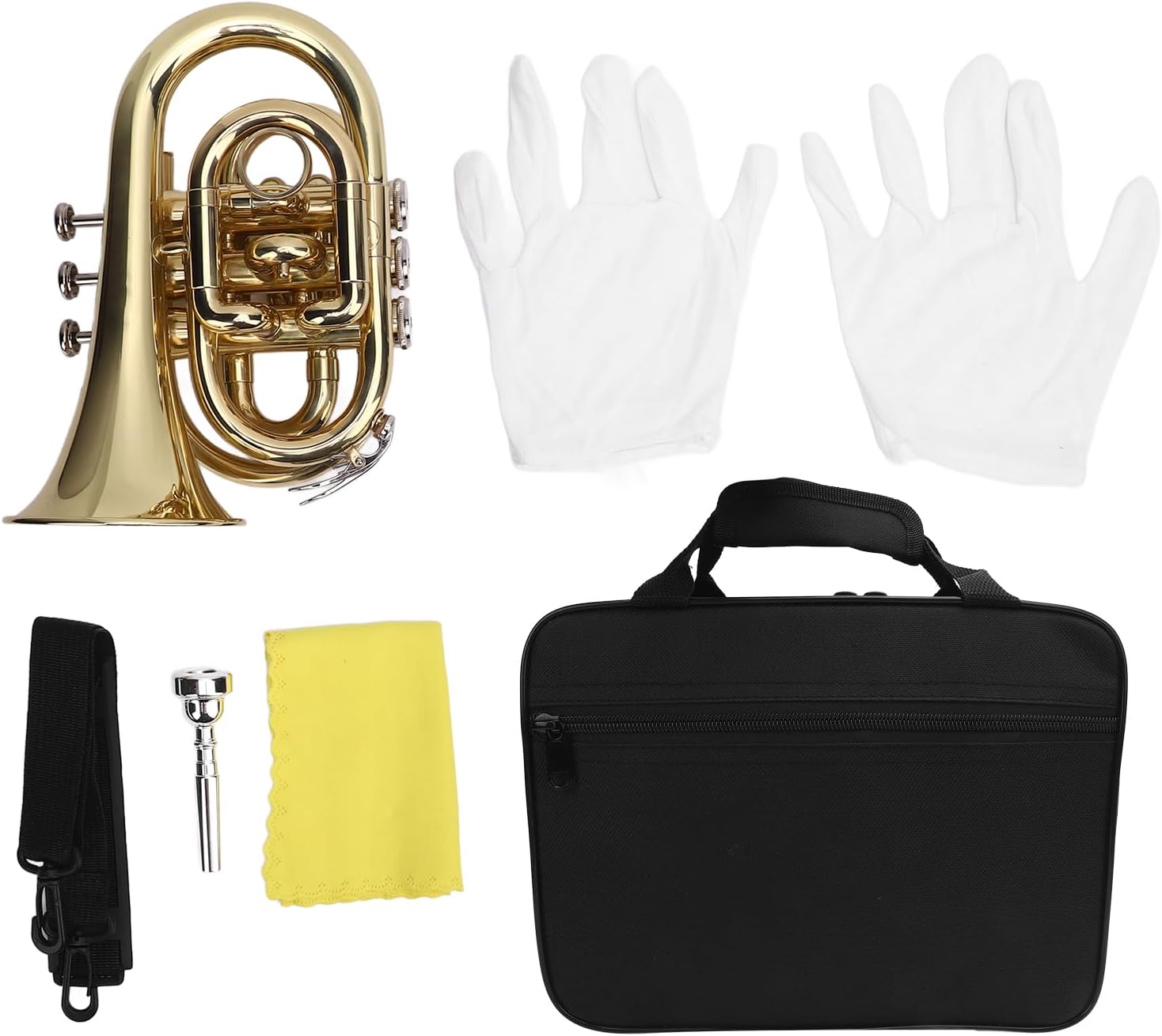 Bb Pocket Trumpet, Exquisite Brass Pocket Trumpet with Mouthpiece 7C, Cleaning Cloth, Gloves and Carrying Strap Bag, for Beginners Students, Compact Design