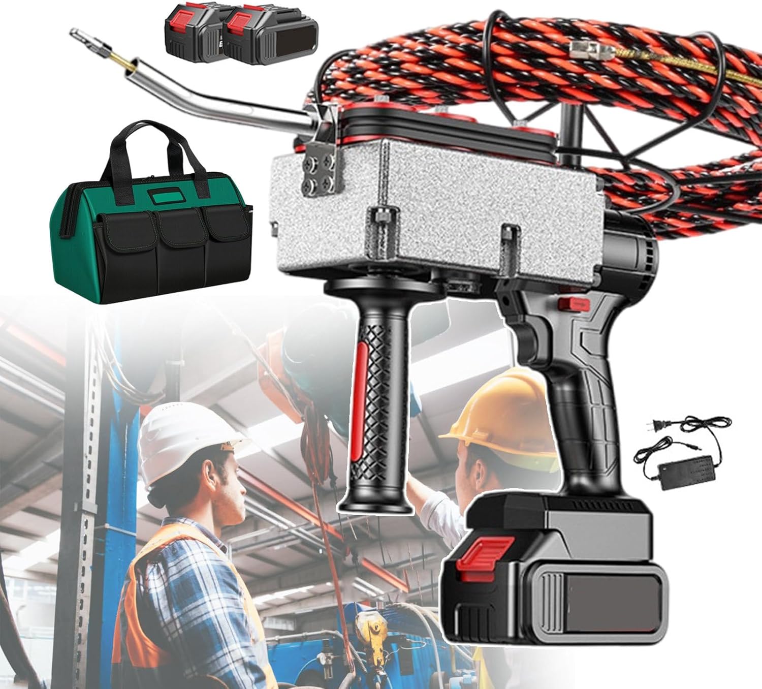 Electrician Cable Insertion & Extraction Tools with 21V Battery, Wall Threading Wire Machine 40m/min, Electrician's Threader for Home Decoration Water - 15m Lead Wire,2-battery