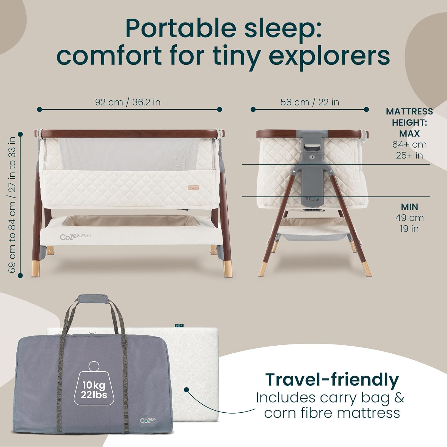Tutti Bambini CoZee® Luxe Bedside Bassinet & Sleeper - Baby Bassinets Bedside Sleeper, Portable Crib & Adjustable Crib for Newborns, Travel Case, Must-Have Baby Essentials, 0-6 Months (Walnut/Cream)