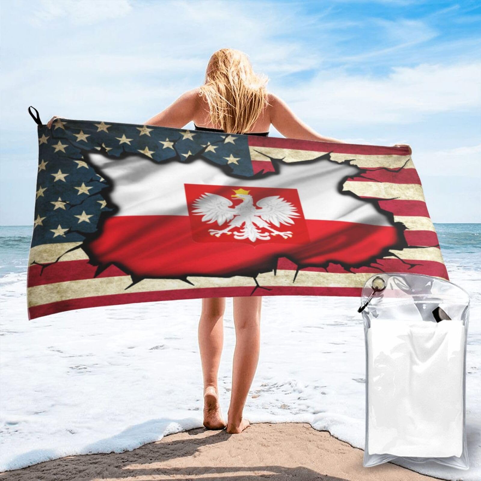 HACXZ Vintage America Flag and Poland Poles Flag Absorbent Beach Towel Microfiber Beach Towel Lightweight 27.5"X55"