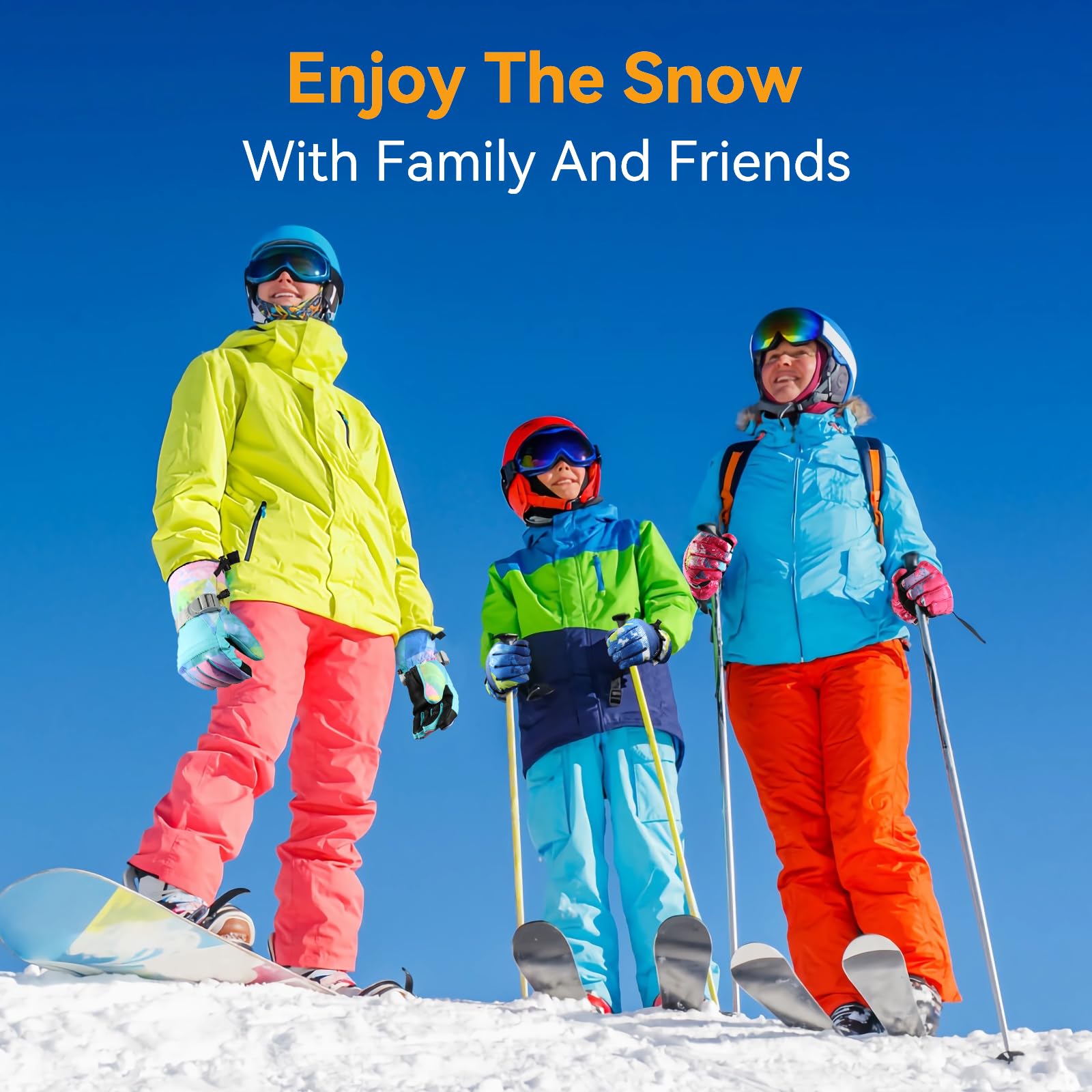 Guanti da sci, guanti da inverno, guanti da neve da sciare e da snowboard, guanti da freddo, per entrambi i sessi, per genitori e bambini, braccialetto con braccialetto