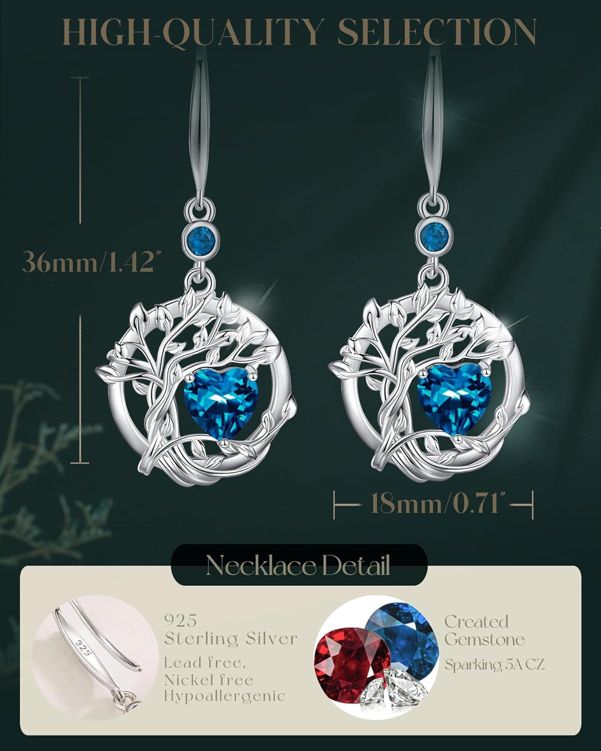 FANCIME Tree of Life Dangle Drop Earrings 925 Sterling Silver Dainty Round Gemstone Birthstone Earring Fine Jewelry Birthday Mothers Day Gifts for Her Women - Image 4