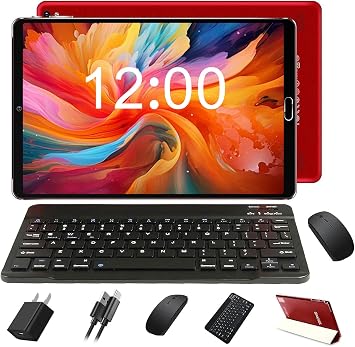 GOODTEL Tablet 10 Zoll, Android Tablets mit Hulle, 64GB ROM + 1 TB TF, 1280x800 HD IPS Display, 5MP + 8MP Duale Kamera, 6000 mAh, WiFi 6, BT 5.0, Widevine L1, GPS Tablet PC with Case, Keyboard an red