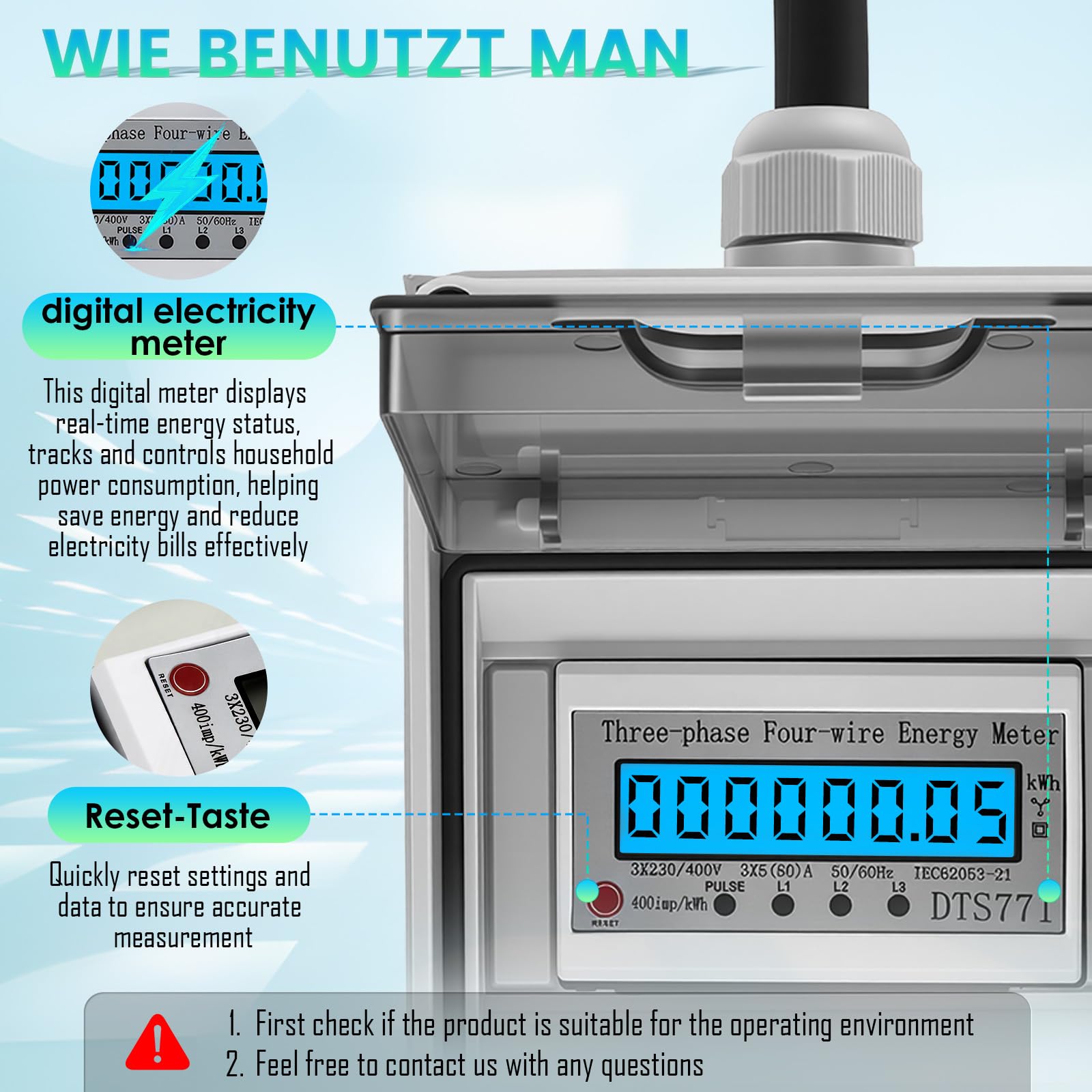 3 Phasen Mobiler Stromzähler, 16A 400V Mobiler Digitaler Stromzähler Drehstromzähler, 5 * 2,5mm² Digitalzähler mit CEE Stecker, Portabler Stromzähler für Baustelle, Camping, Marina, Balkonkraftwerk