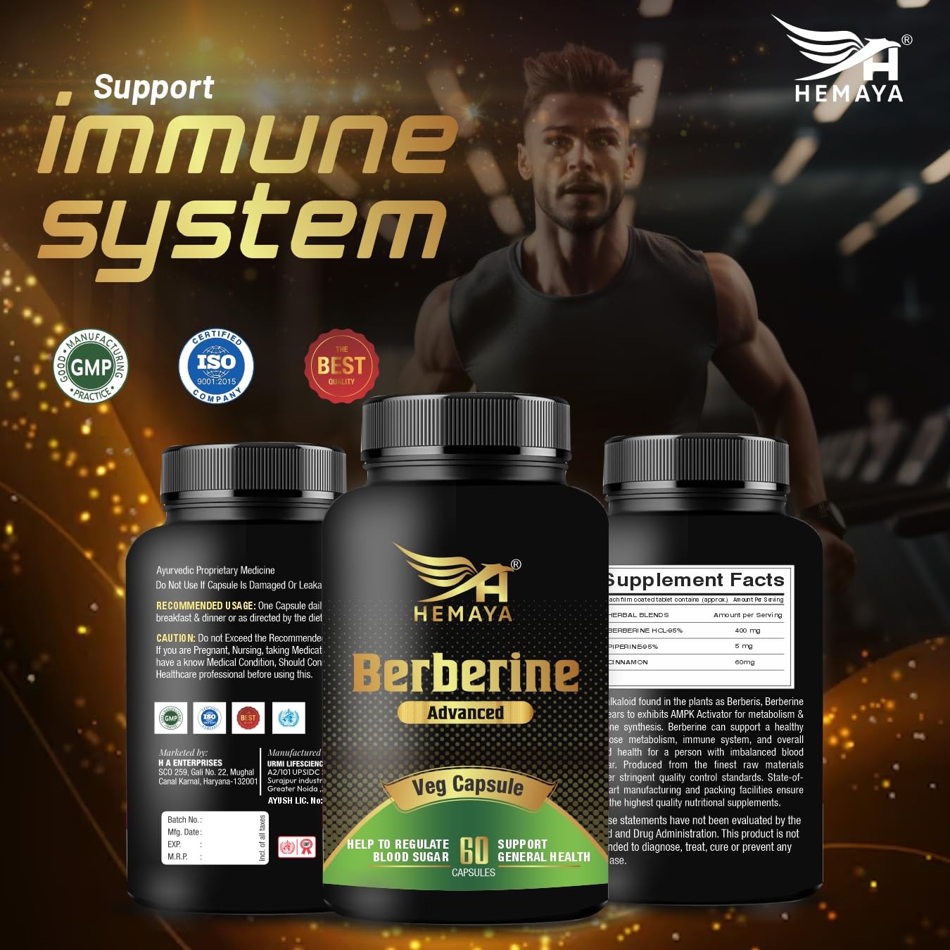 HEMAYA Berberine Supplement HCL 95% Highly Purified - 500MG Per Serving Veggie Capsules | With Piperine & Cinnamon | For Optimal Health- 60 Capsule (Pack of 1) HEMAYA Berberine Supplement HCL 95% Highly Purified - 500MG Per Serving Veggie Capsules | With Piperine & Cinnamon | For Optimal Health- 60 Capsule (Pack of 1)