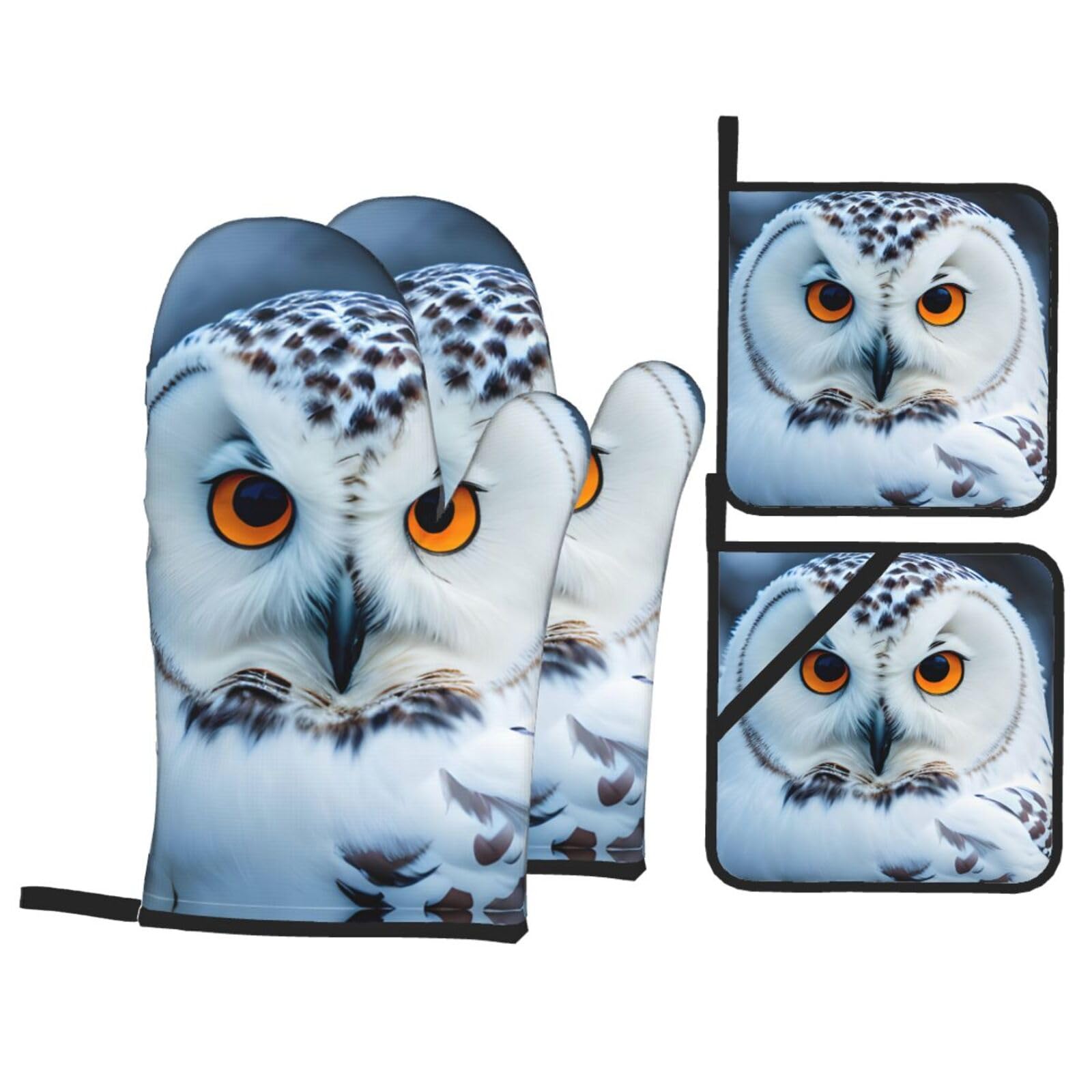 Nimongt Black Snowy Owl Eyes Print Heat-Resistant 4-Piece Oven Kitchen Gloves For Baking Cooking Microwaving Essentials