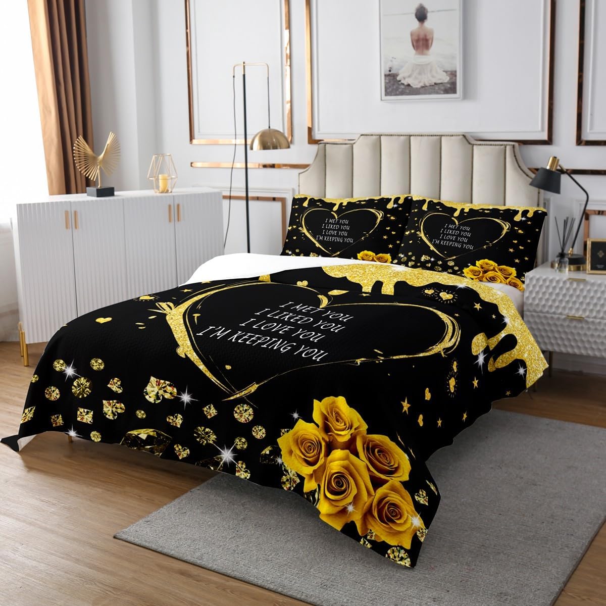 Erosebridal Romantic Valentine's Day Twin Coverlet Set Anniversary Greetings Words Quilt Set Gifts for Couple Diamond Rose Floral Bedspread Set,Sequin Hearts Bed Set Black Teal