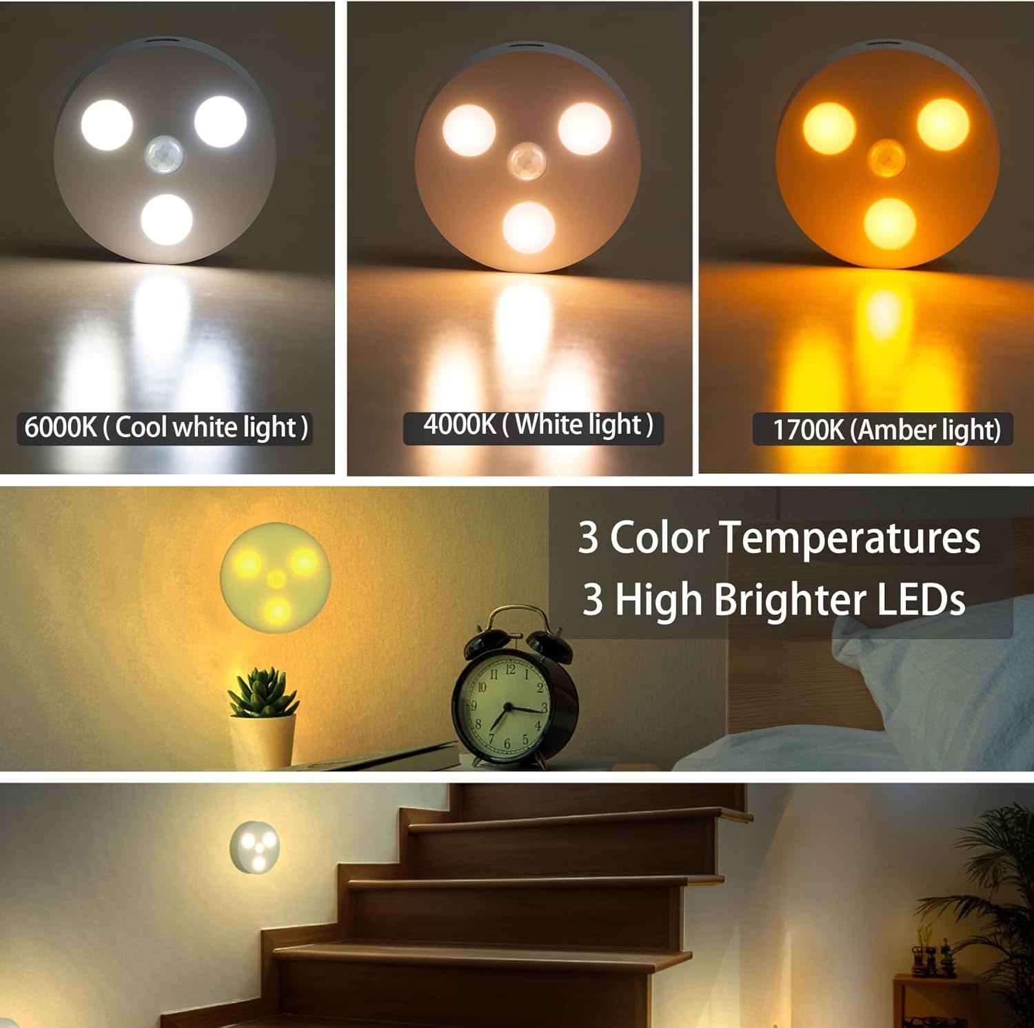 USB Rechargeable Motion Sensor Night Lights,Cabinet Lights, 3 Color Temperatures,Wireless Stick On Under Counter Lights for Wardrobe, Kitchen, Bathroom, Stairway, Bedroom,Closet(4 Pack)