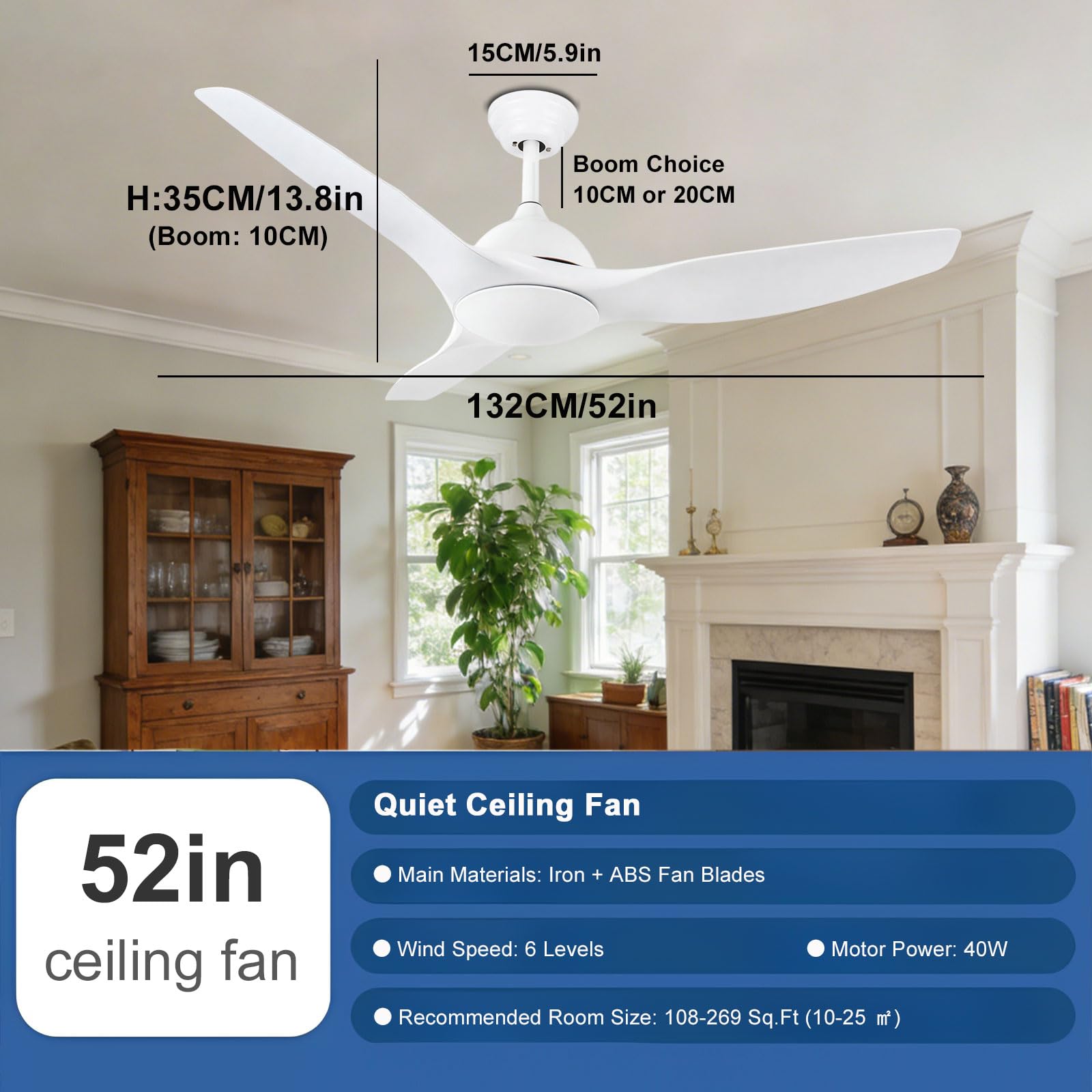 Ventilatore da soffitto a Basso Profilo da 52 Pollici Senza Luce, Bianco, Silenzioso, Ideale per Camera da Letto, Stile Rustico, Patio, Interni, Moderno, Intelligente, con telecoma