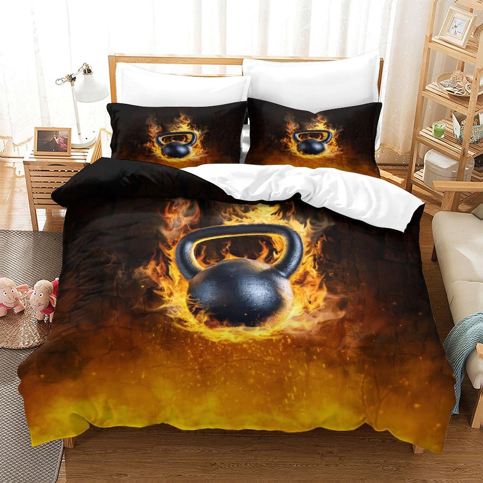 Burning Kettlebell Sports Theme Teens Bedding Set Full Size Comforter Set 3Pcs Ultra Soft Quilt Set 3D Duvet Cover Set Breathable with Zipper Closure Room Decor,Easy Care Super King（260x220cm）