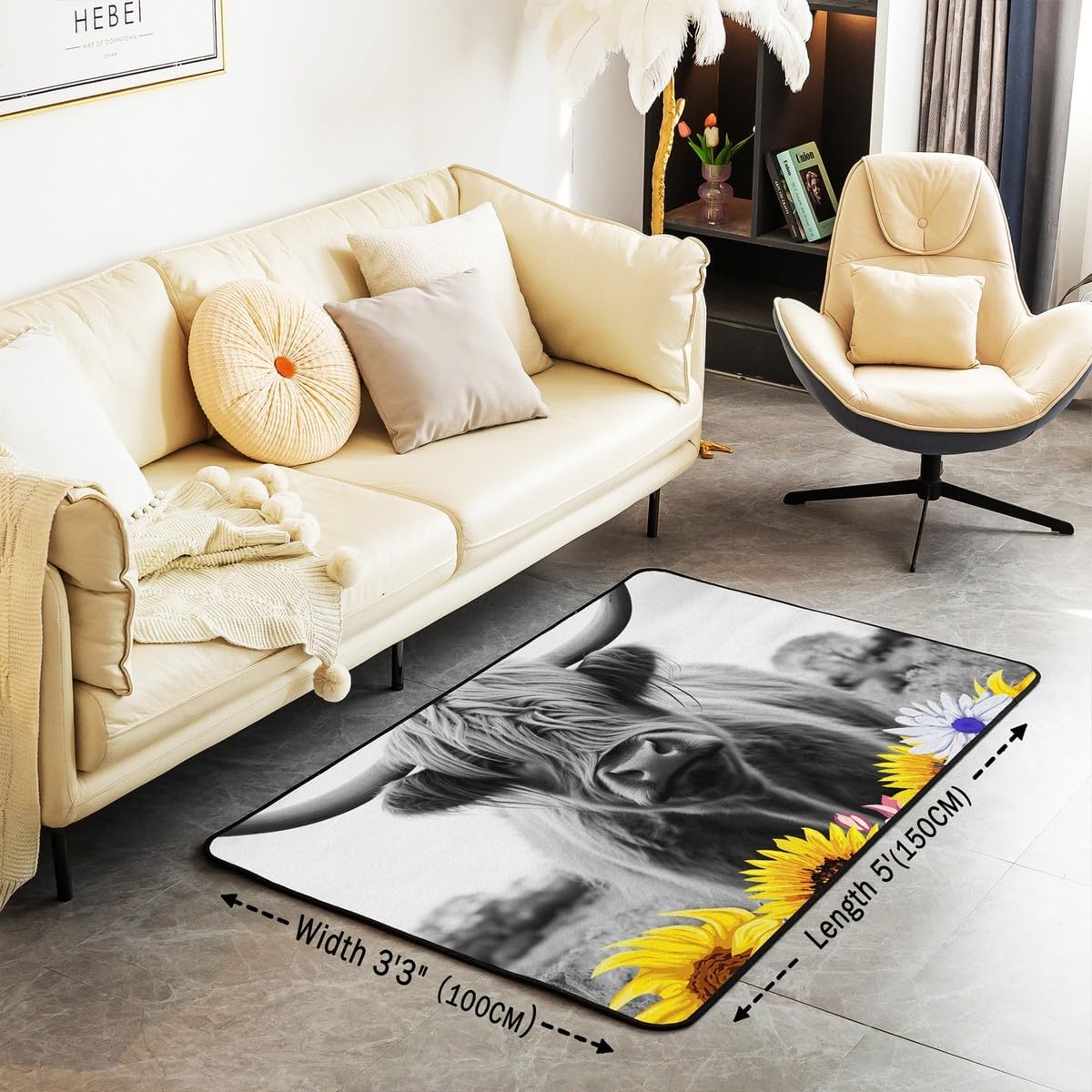 Highland Cow Area Rug 3x5, Sunflower Cow Print Rug for Adult Women, Bull Cattle with Grey Fur Washable Carpet, Wildlife Farmhouse Cow Living Room Rugs