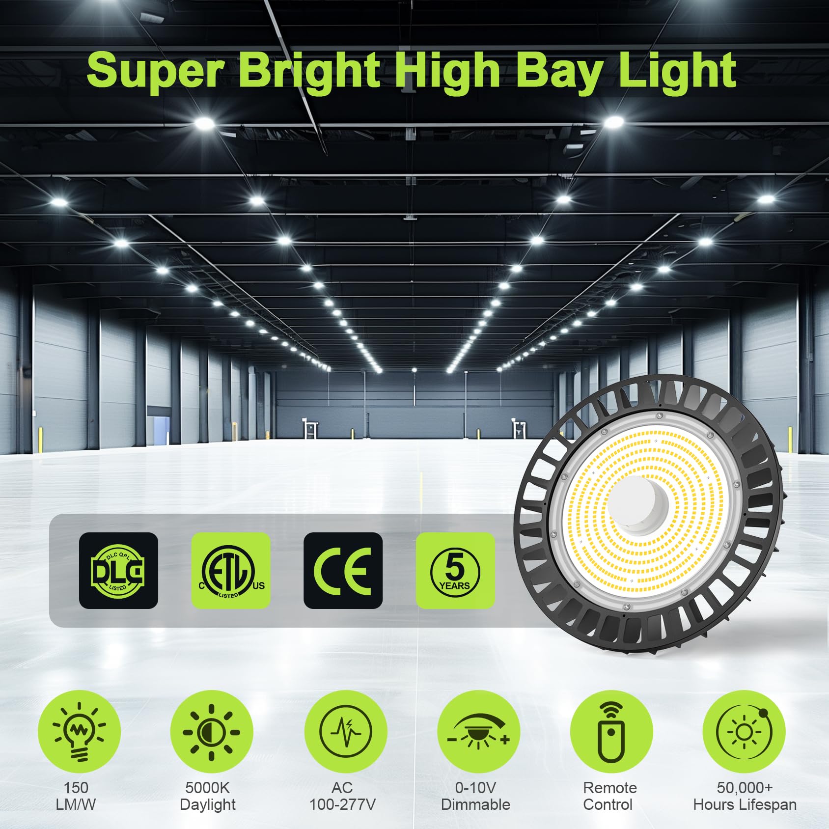UFO LED High Bay Light 150W 22500LM 5000K High Bay Led Shop Lights with Dimmable Remote Control 5 — view 2