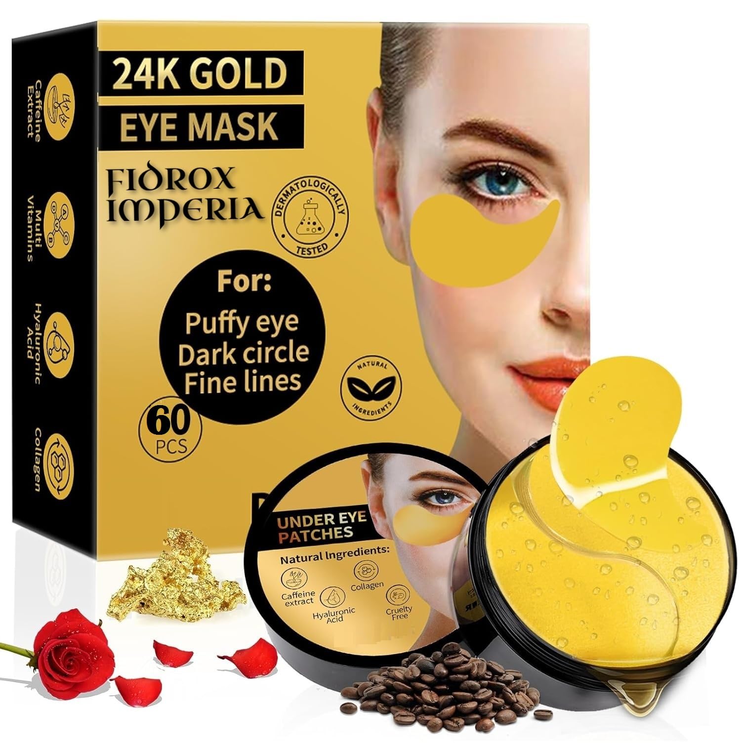 Fidrox 24K Gold Eye Masks for Dark Circles and Puffiness 60PCS, Under Eye Patches Gel Pads for Puffy Eyes Treatment w/Collagen, Caffeine, Peptides for Treatment, Gel Eye Mask Skincare Reducing Puffiness & Wrinkles