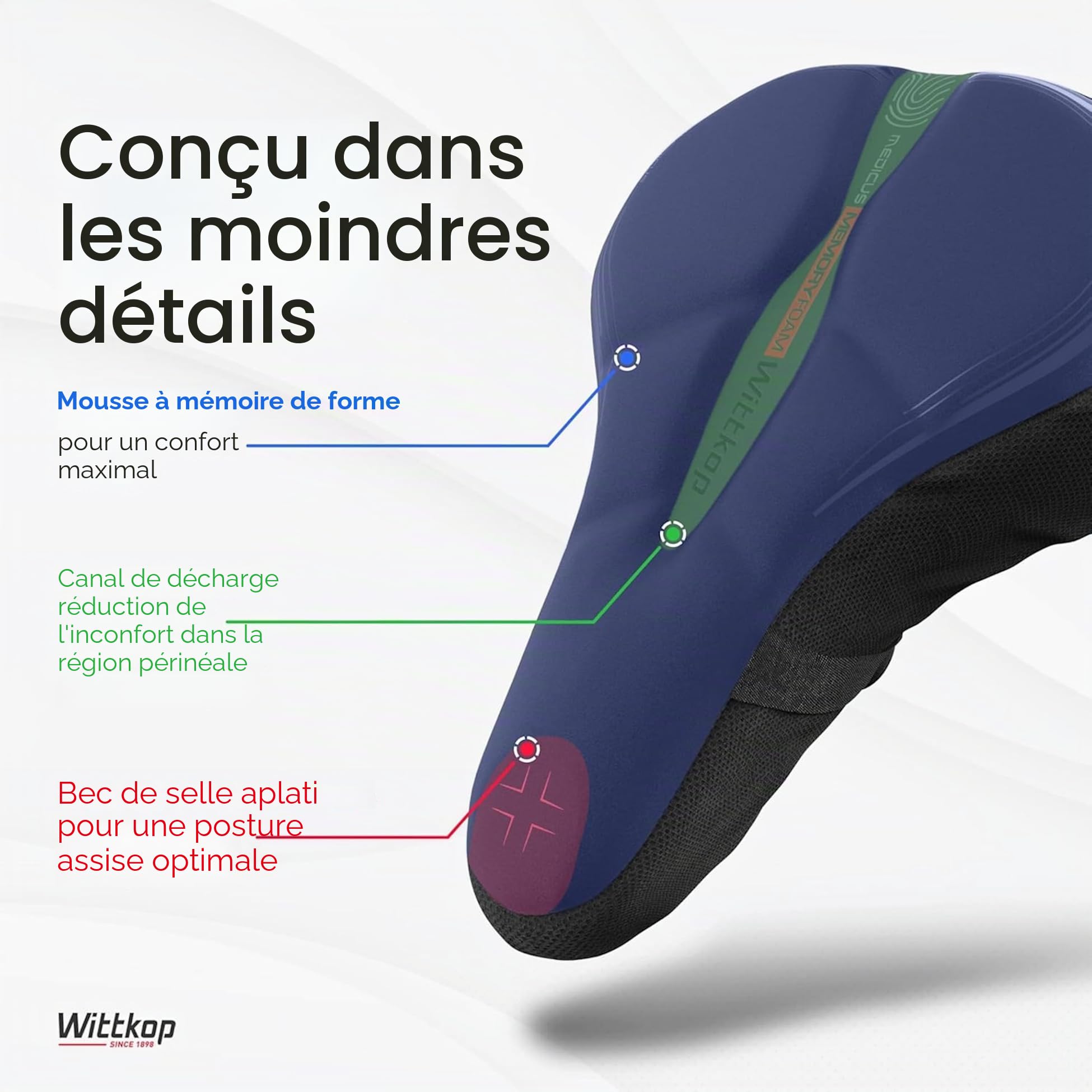 WITTKOP Coussin de Selle de vélo en Mousse à mémoire de Forme Confortable I Housse de Selle de vélo pour Hommes et Femmes avec Concept Ergonomique à 3 Zones
