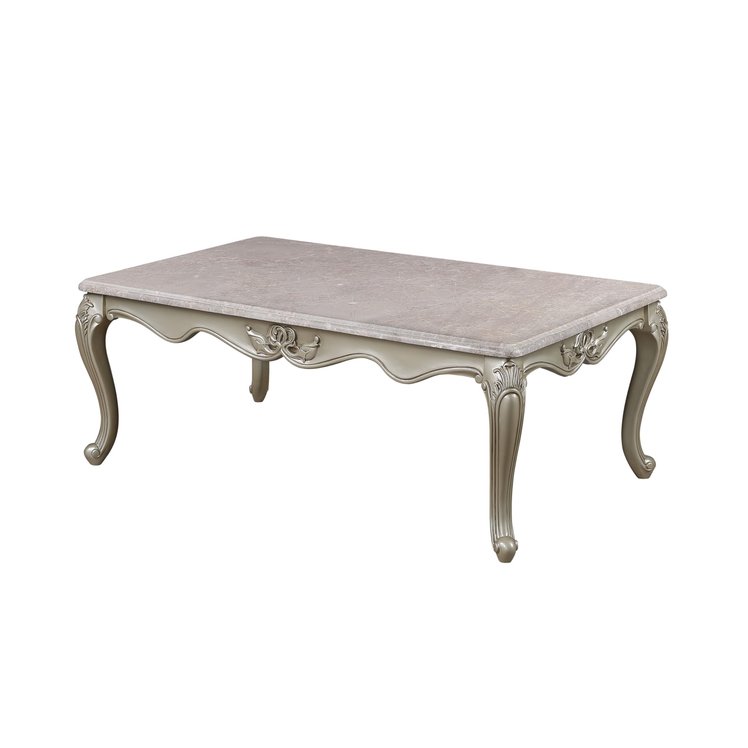 Benjara Kerra Cocktail Coffee Table- Beige Marble- Carved Champagne 54