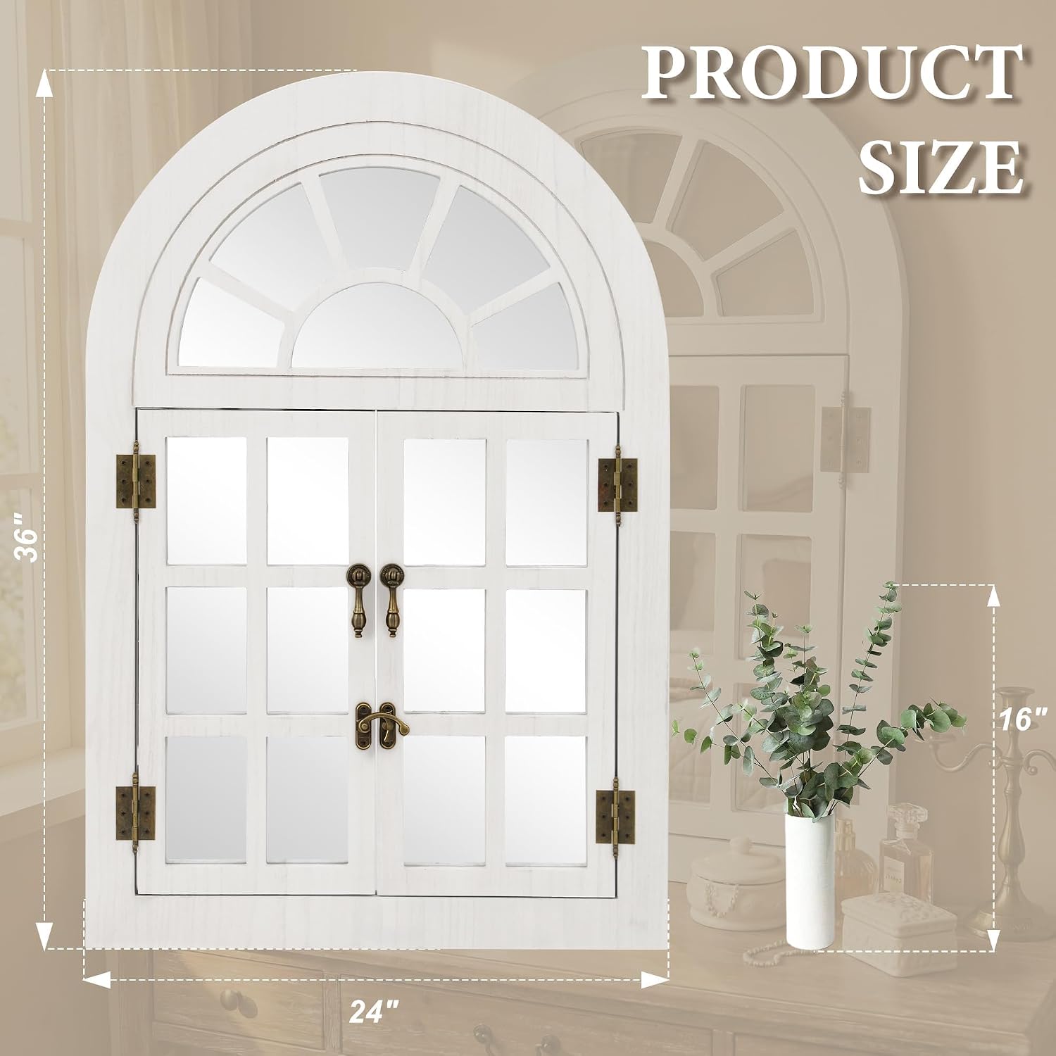 Farmhouse Arched Window Mirror for Wall Decor, Wood Open & Close Windowpane with Half-Round Top Design, Rustic Decorative Wall Mirror for Living Room, Entryway (24" x 36", White, 1 Pack)