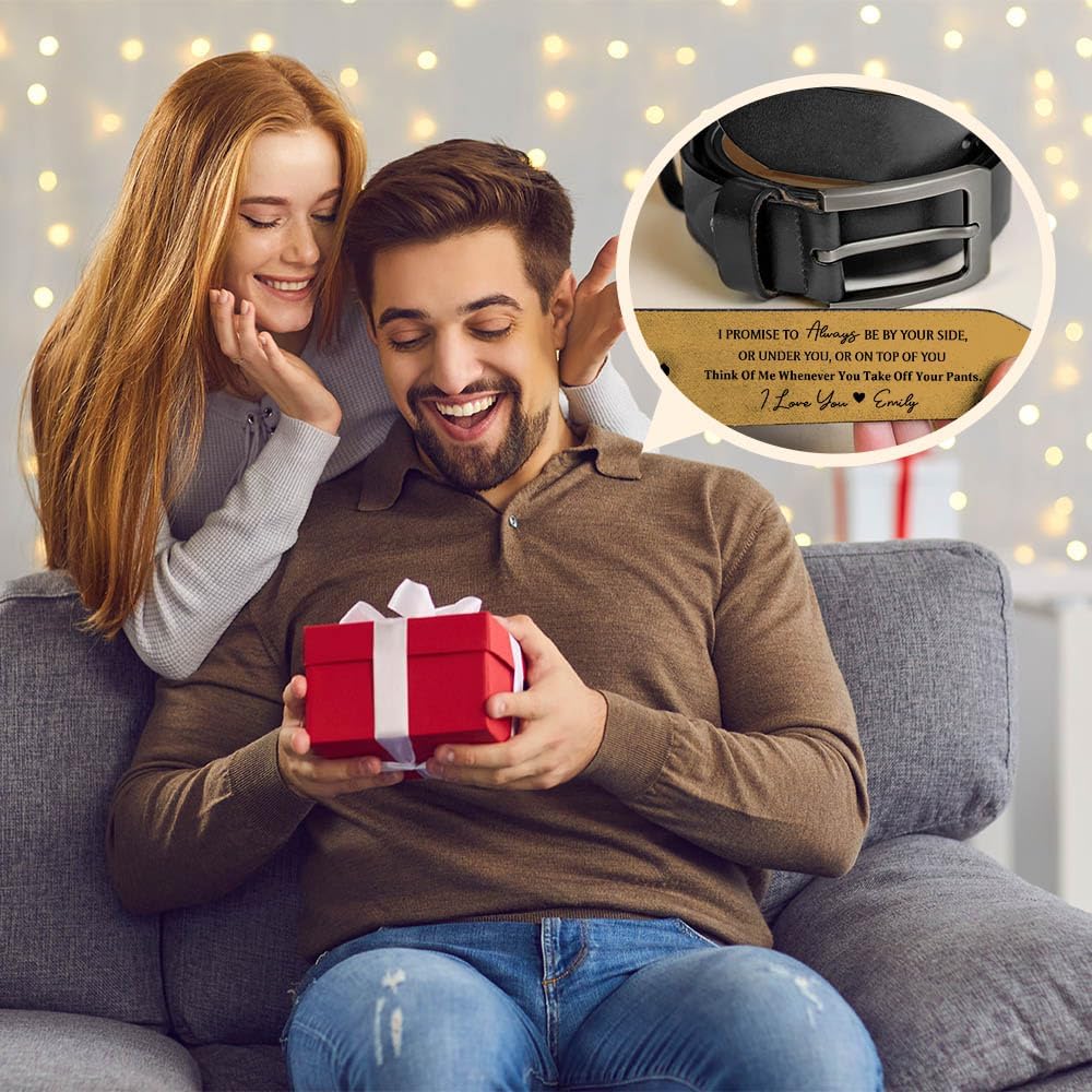 LASFOUR I Promise To Always Be By Your Side Belt, Personalized 2-Sided Engraved Leather Belt for Husband With Saying On The Inside, Custom Name Wide Black/Brown Leather Belt for Men