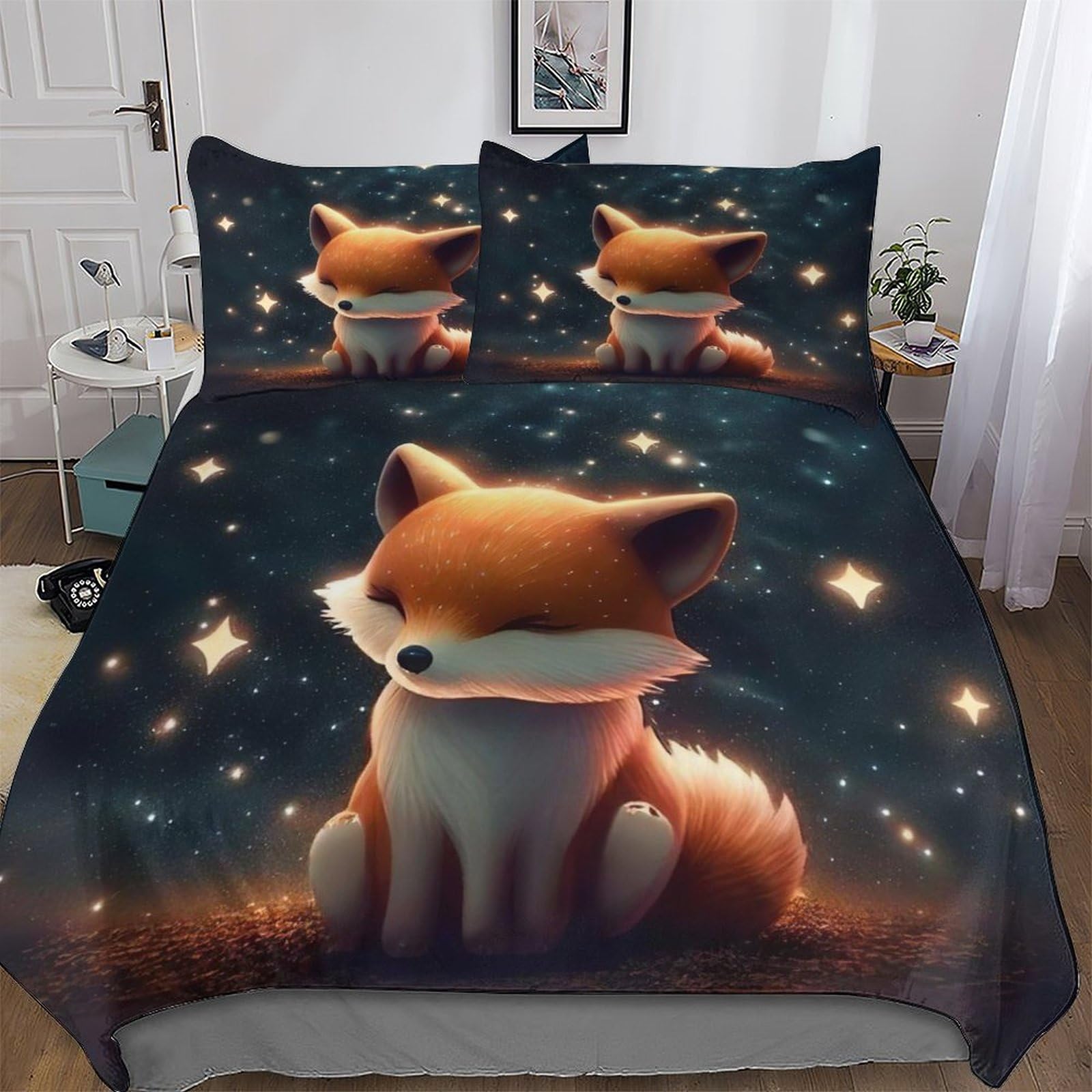 Parure de lit 3 pièces renard housse de couette 220x240cm et taie d'oreiller microfibre pour enfant