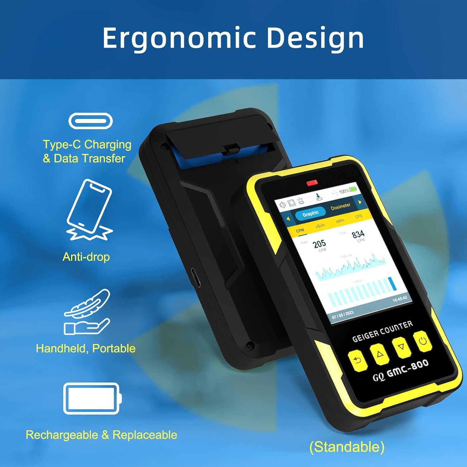 Nuclear Radiation Detector GQ GMC-800 USA Design Product US National Standard Large Color LCD Display 5 Alarm Types Dosimeter Data Save & Global Share Beta Gamma X-ray Portable Multifunction Device — Amazon image 7