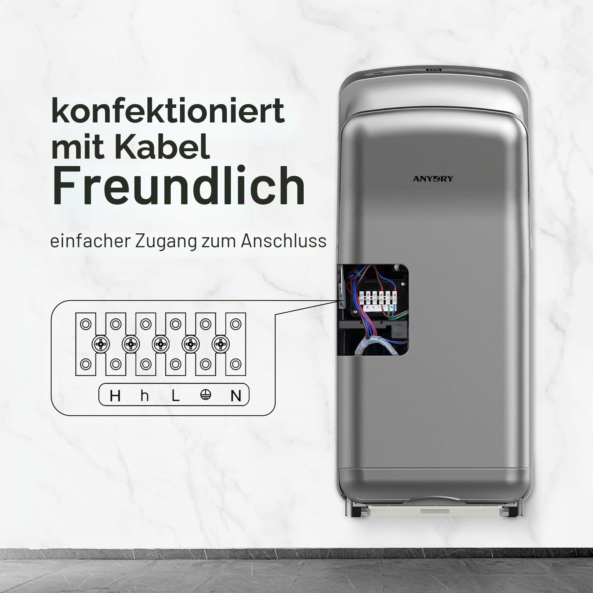 anydry 2005H Händetrockner, Kommerzieller elektrischer Händetrockner, mit HEPA-Filter, Super Powerful, 7-10 Sekunden zum Trocknen,1750-2050W.(Silber)
