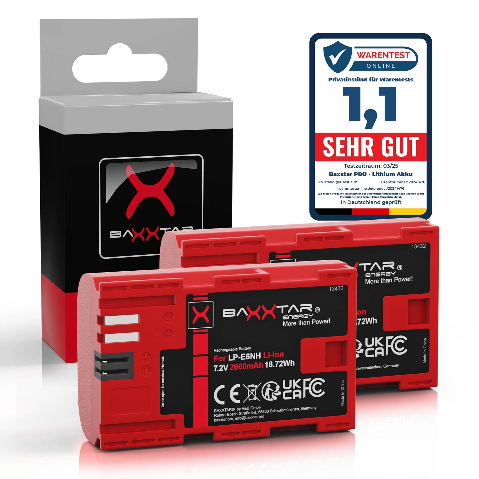 Baxxtar Pro 2X Batterie LP-E6NH 2600mAh – Remplacement pour Canon LP-E6 LP-E6N LP-E6NH – Compatible avec EOS R5 R6 R6II R7 5D III/IV 6D 7D 90D – cellules certifiées UL