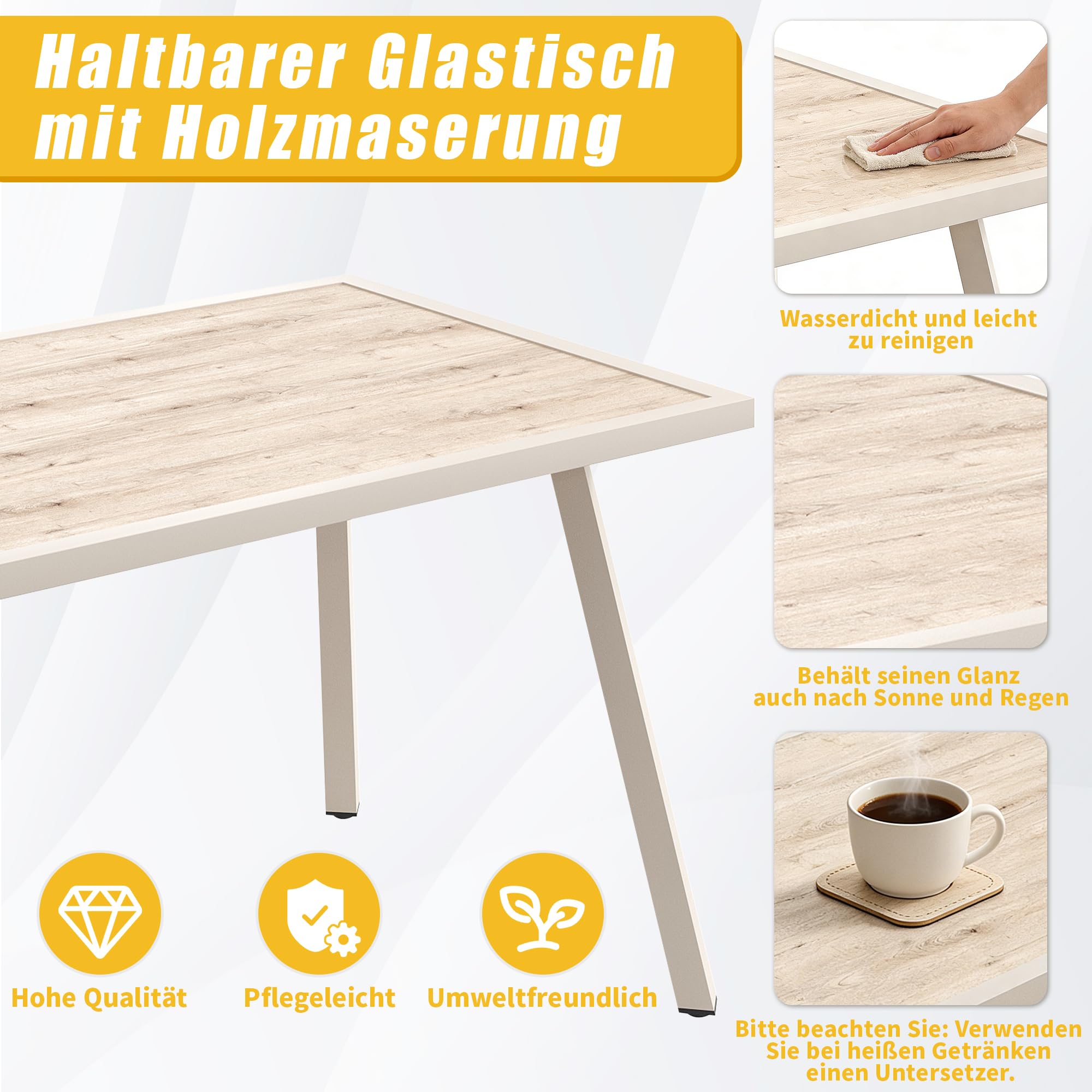 Set di mobili da giardino per 8 persone, 4 pezzi, 1 tavolo con piano in vetro effetto legno, 2 poltrone intrecciate a mano, 1 divano, struttura in ferro con cuscino beige, inclusi tutti i