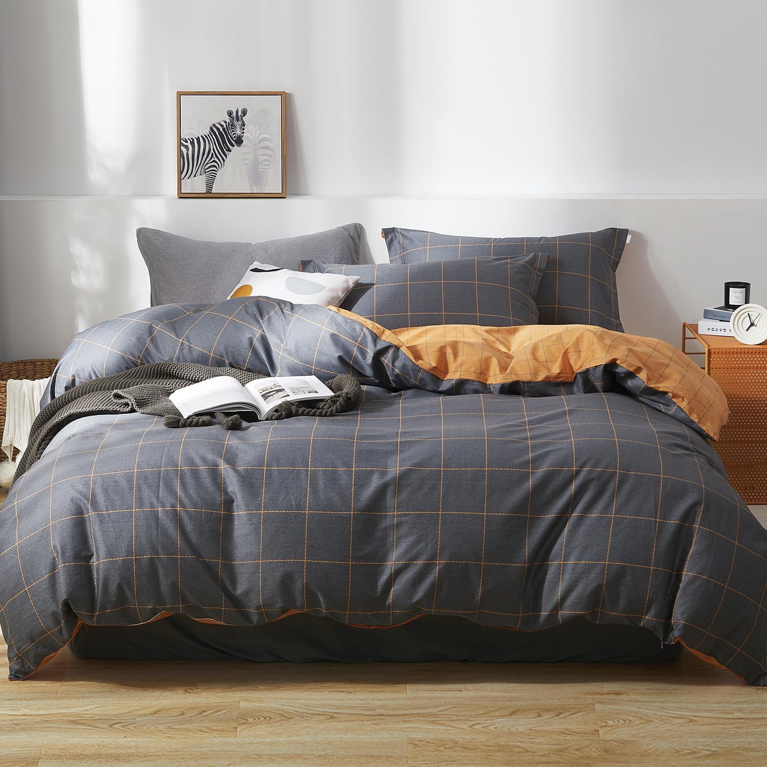 SAPHREAS Black Orange Plaid Duvet Cover Set 100% Cotton 3pcs Double Size, Dark Gray Grid Geometric Bedding Comforter Cover Set, 1 Duvet Cover 2 Pillow Shams, Comforter Not Included — image 1