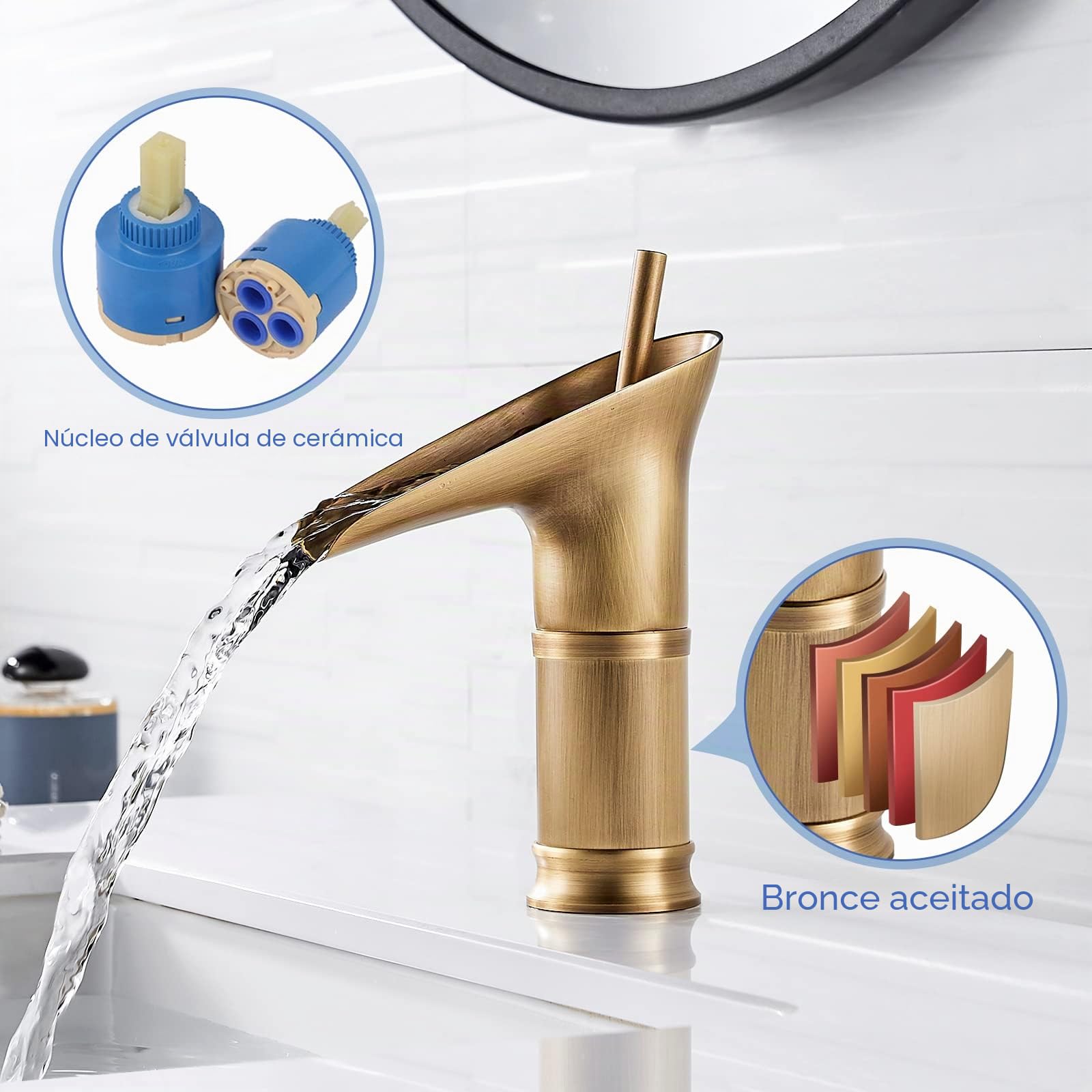 Grifo Lavabo Cascada, Grifo Lavabo Retro, Grifo de Lavabo Monomando Vintage, Grifo de Baño Mezclador Monomando Agua Fria y Caliente Disponible, Latón Antiguo