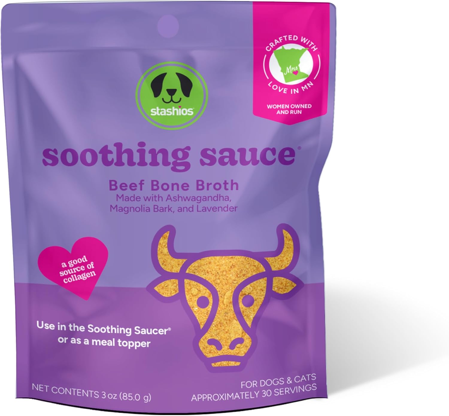 Stashios Soothing Sauce Beef Bone Broth Calming Powder Supplement for Dogs & Cats, All Natural Anxiety Relief, Made in The USA, 3 oz 3 Ounce (Pack of 1) Beef