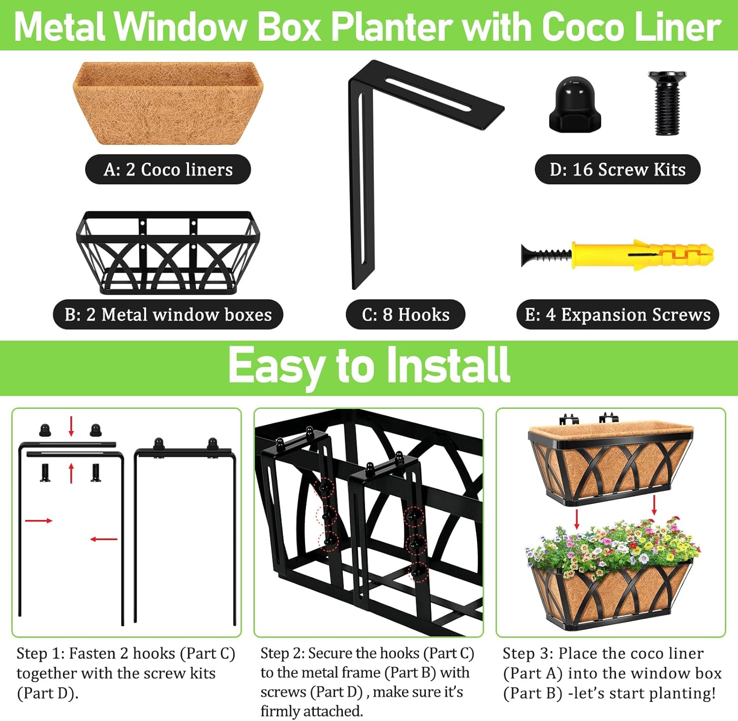 Riare 2 Pack 16 Inch Metal Railing Planter Window Box with Coco Liner- Adjustable Window Flower Boxes for Railings, Hanging Rail Planters for Deck, Balcony, Porch, Fence, Indoor Outdoor Plants