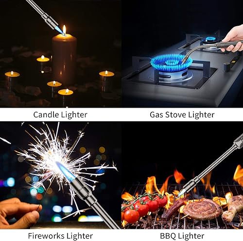 Miniatura 6 de Encendedor de butano Megainvo, antorcha larga recargable, con ventana visual de combustible, cuello flexible, resistente al viento, para parrilla,