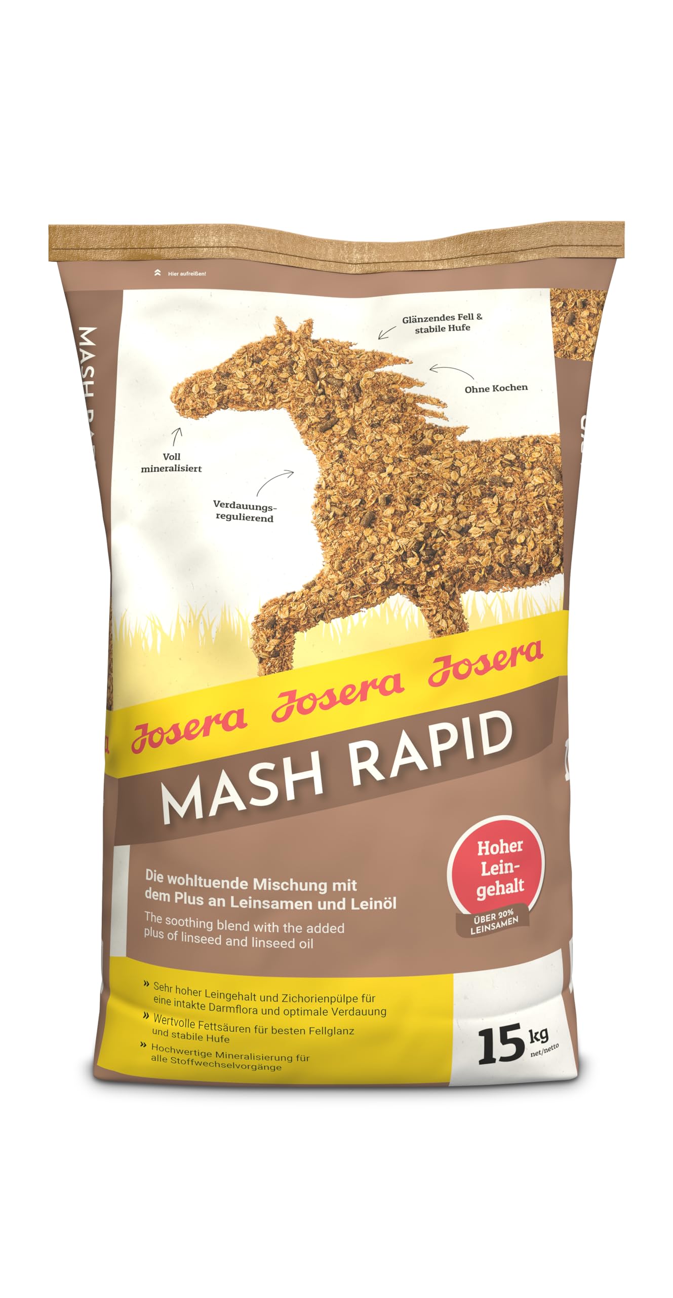 JOSERA Mash Rapide 15 kg | Aliment Premium pour cheval | Mash aux graines de lin et minéraux | Sans céréales | Pour un poil brillant et des sabots sains | Sac de 15 kg