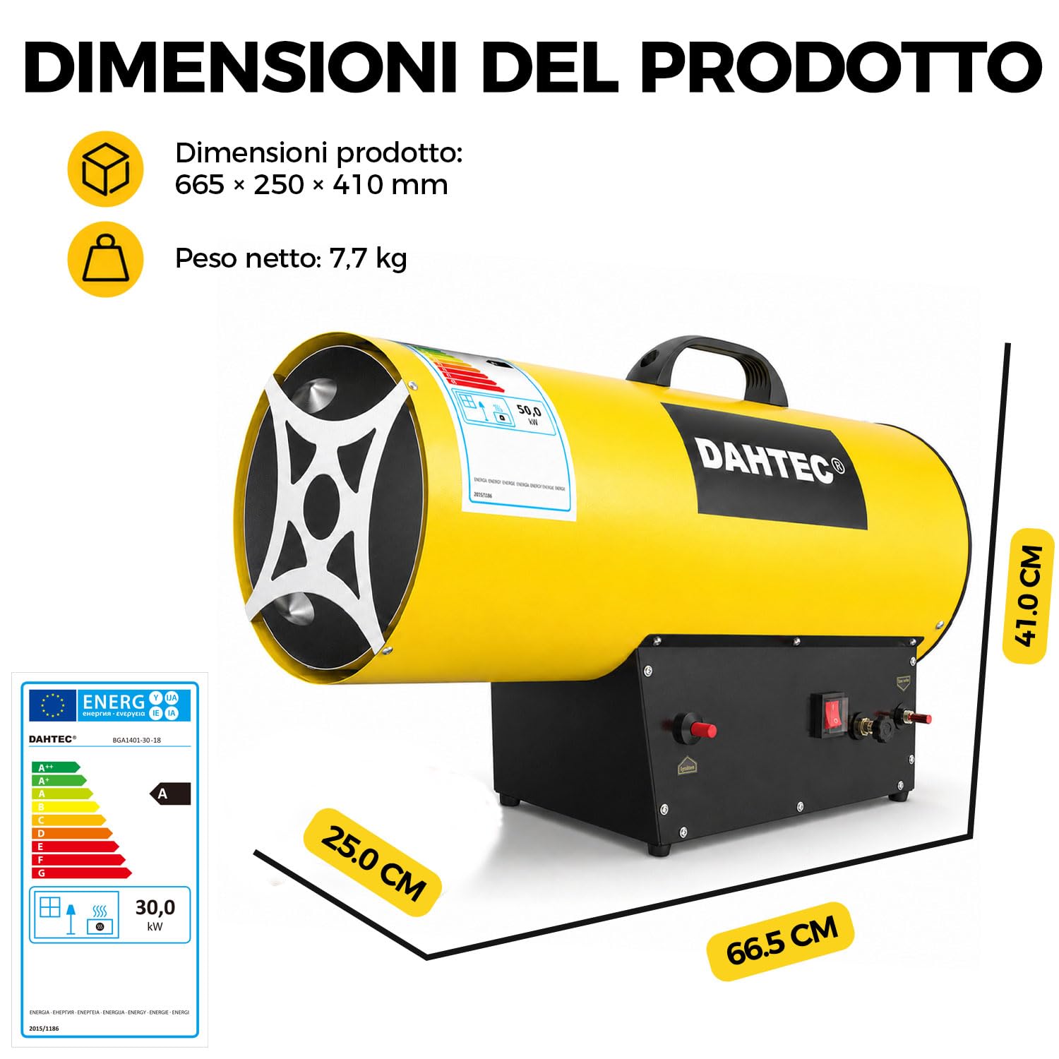 30-50 kW Riscaldatore a Gas Cannone Termico Termoventilatore a Gas Potenza Regolabile Accensione Piezoelettrica