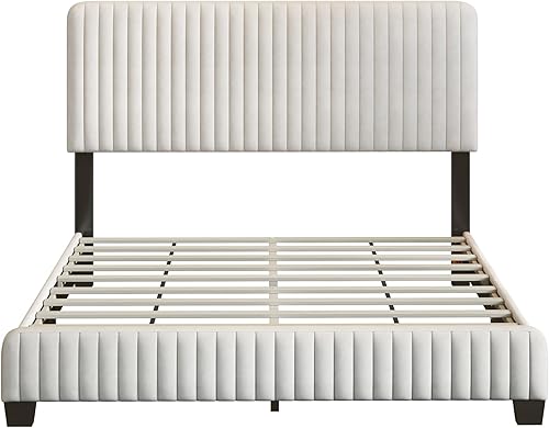 Miniatura 4 de Elegante cama con plataforma tapizada de terciopelo de tamaño Queen con cabecero, para niños, niñas y adolescentes (beige @cabecero/, Queen)