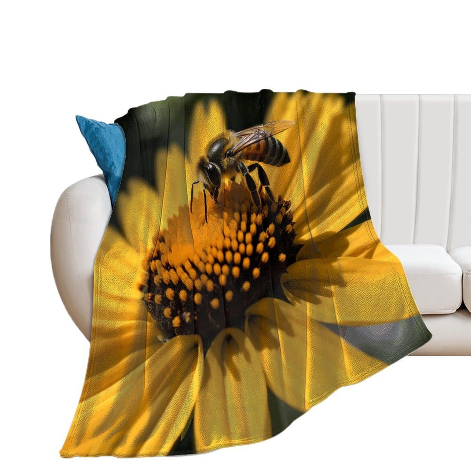 Yellow Flower with Black Bee Throw Blanket for Couch Super Soft Warm Lightweight Throw Blankets Cozy Flannel Thick Warm Blanket Decorative and Giftable Blankets Suitable for All Seasons