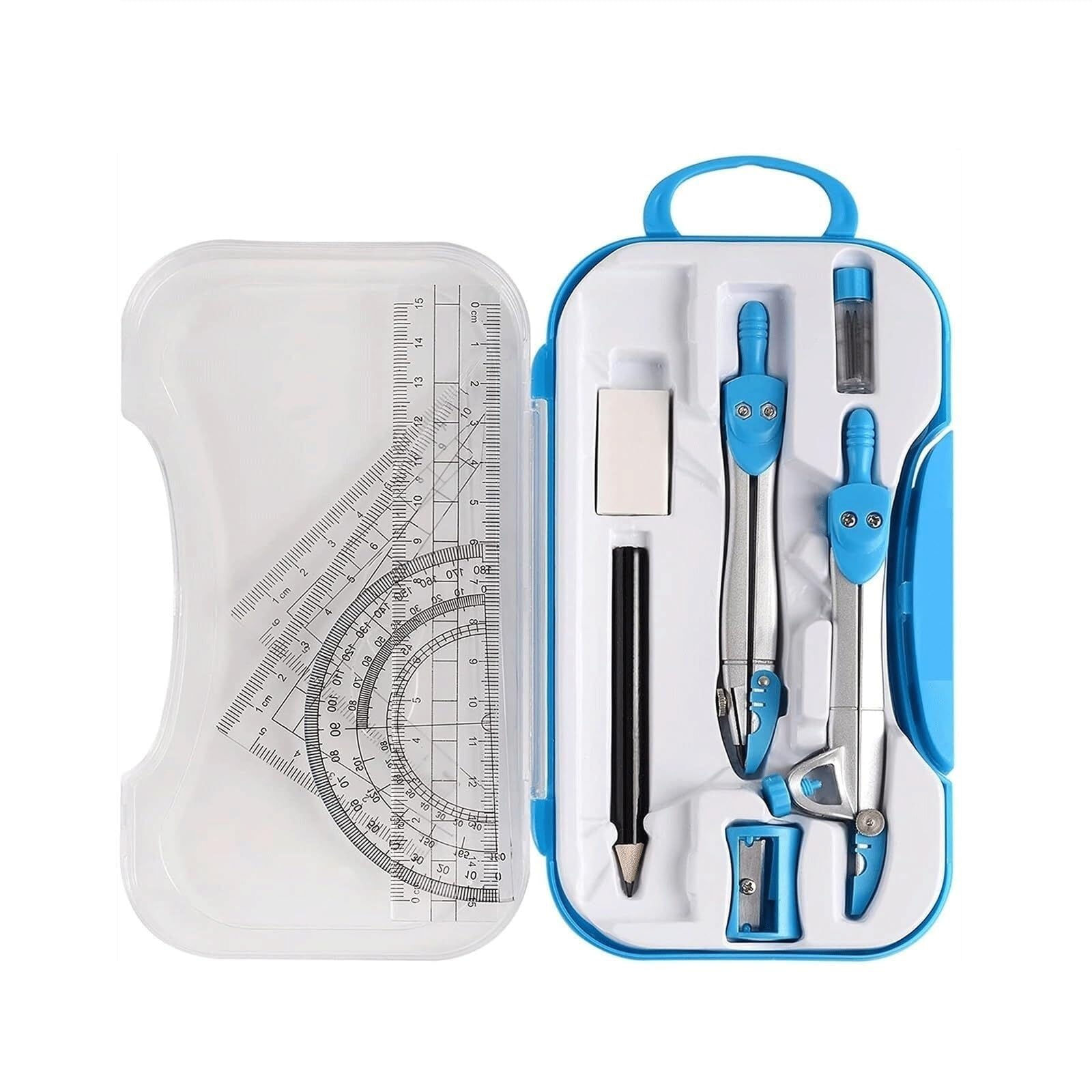 GddOGUK Math Geometry Kit Professional Compass Geometry Tool 10 Pcs Drawing Compass Set with Rulers Dividers Protractor Eraser for School Drafting
