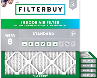 Filterbuy 17.5x17.5x1 Air Filter MERV 8 Essential Dust & Allergy Defense 5-Pack, Electrostatic Pleated HVAC AC Furnace Filters Replacement, Made in USA Actual Size 17.50 x 17.50 x 0.75