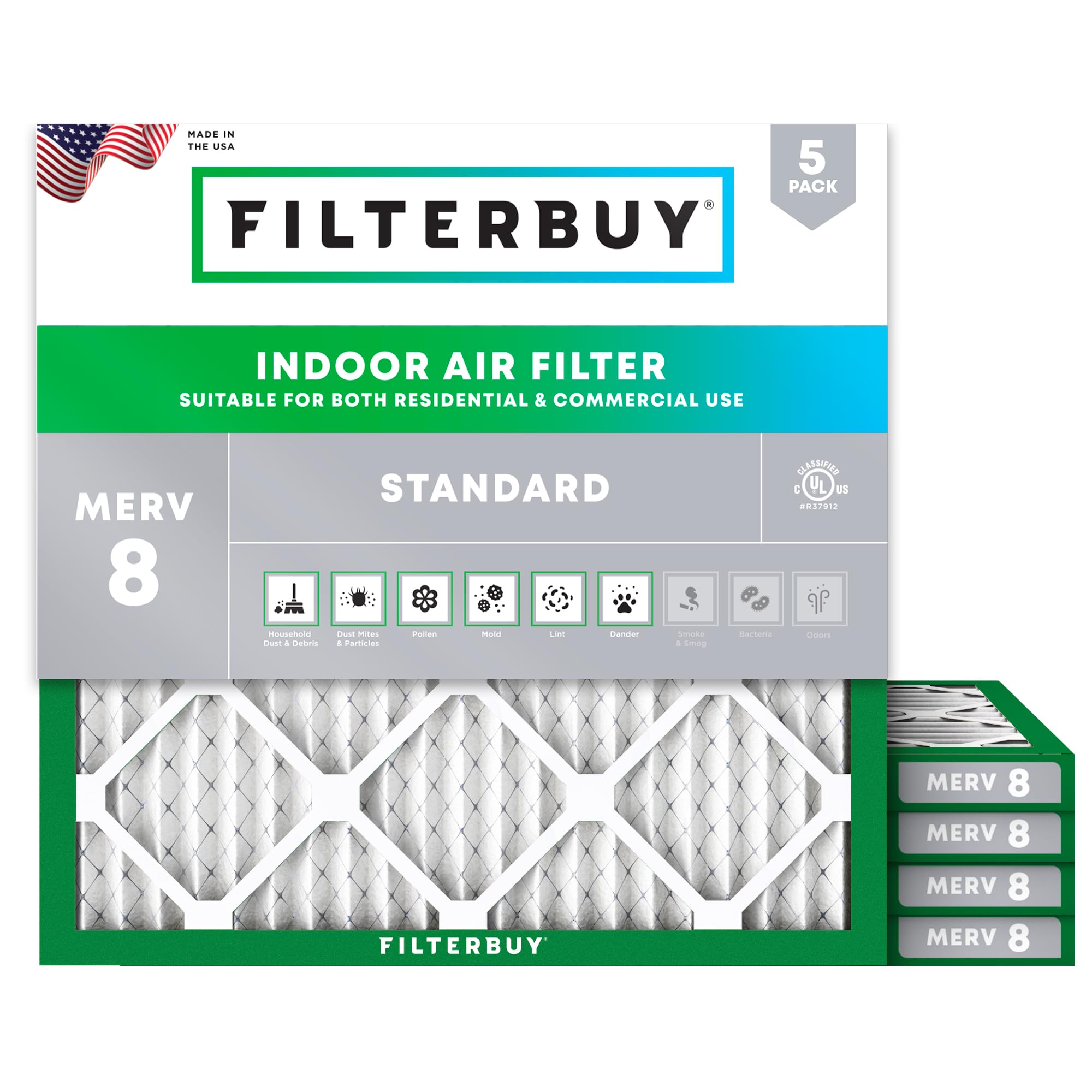 Filterbuy 16x16x1 Air Filter MERV 8 Dust Defense (5-Pack), Pleated HVAC AC Furnace Air Filters Replacement (Actual Size: 15.75 x 15.75 x 0.75 Inches)