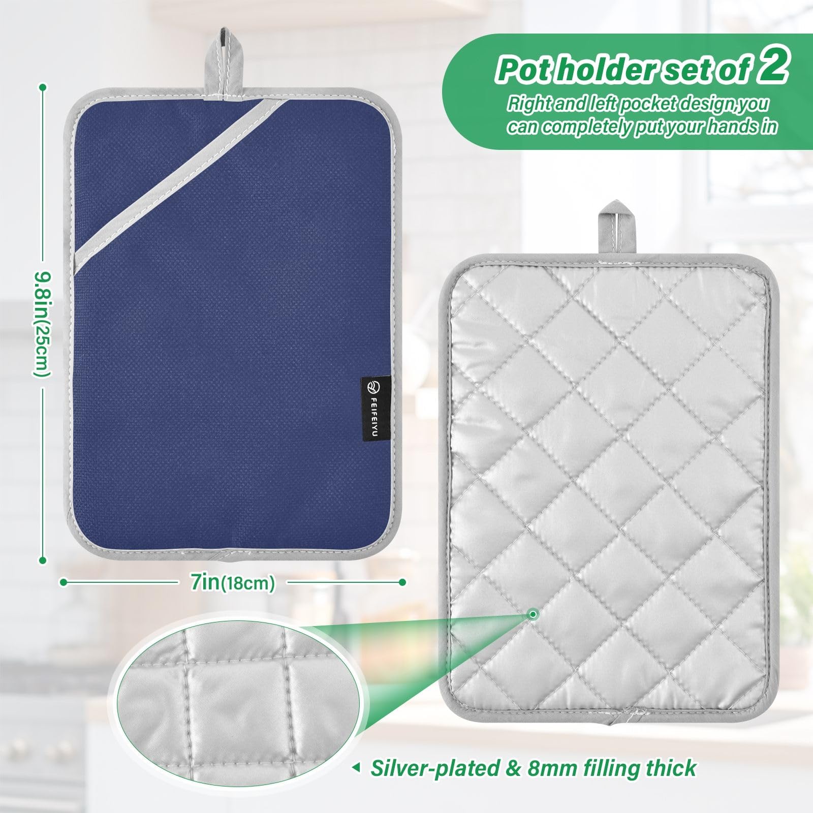 Set Di 2 Presine Da Cucina Blu Turchese, Resistenti Al Calore Fino A 170°C, Trapuntate, Con Tasche E Anello Per Appendere