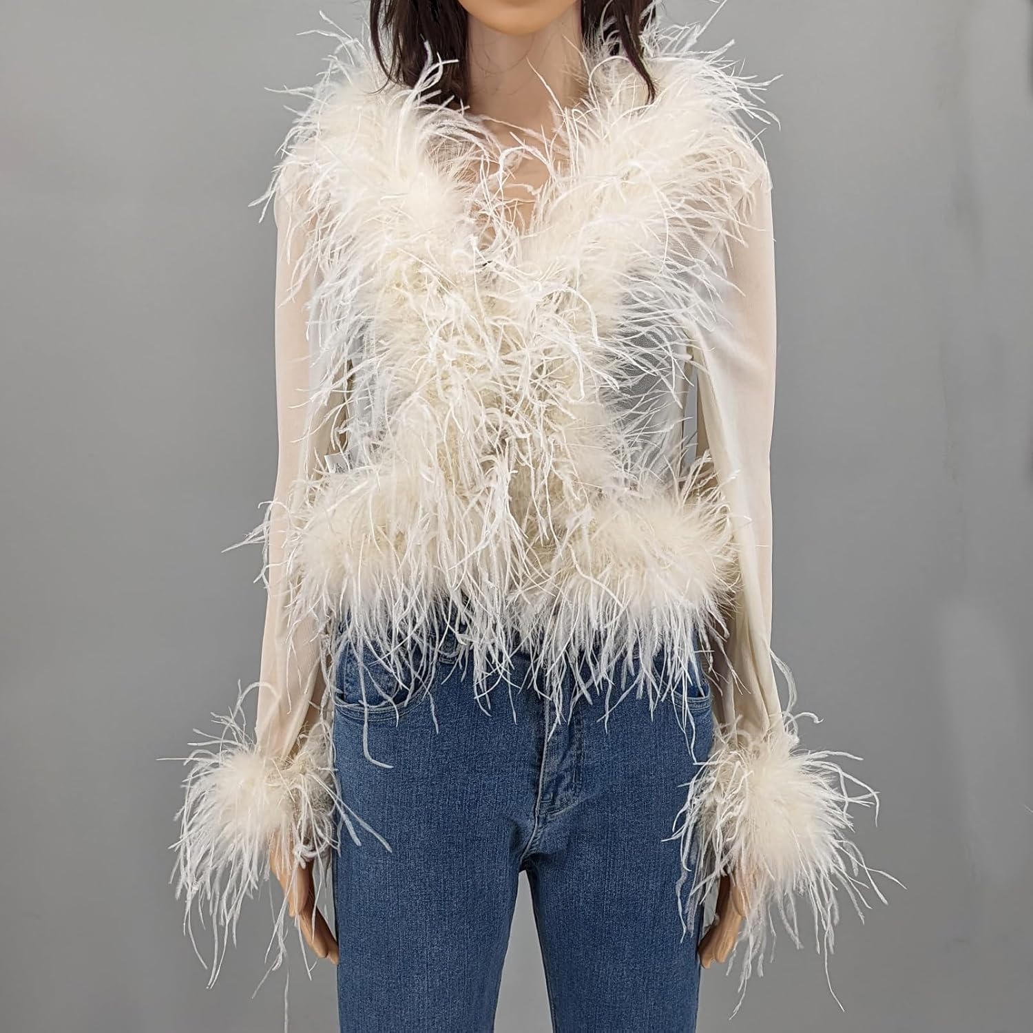 LVCOMEFF Real Ostrich Feather Trim Mesh Crop Top See-Through Black Sheer Shirt Jacket Clubwear Y2k - Image 2