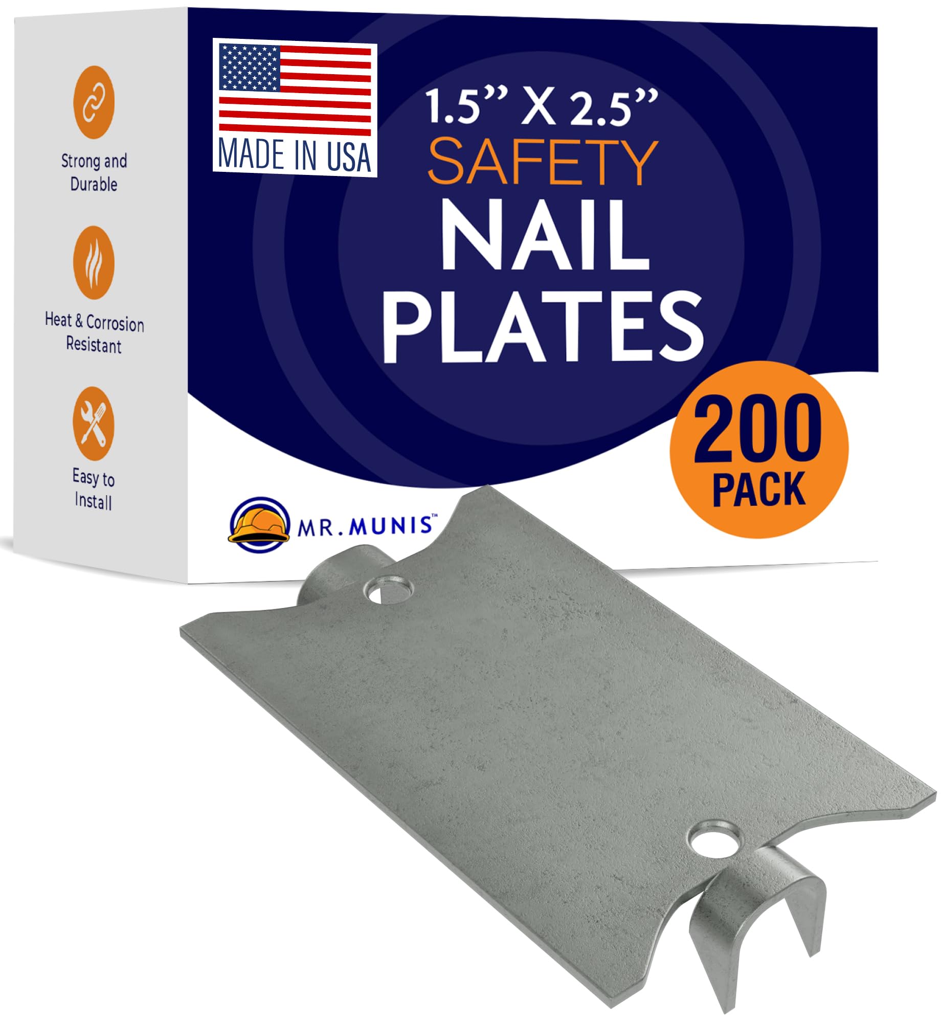 Safety Nail Plates for Electrical Wood Studs, Contractor Pack of 200-1.5" x 2.5" Metal Nail Guards for Studs - Nail Guard Wire Cover Plate - Stud Guard Wall Protector Plate for Plumbing, Made in USA