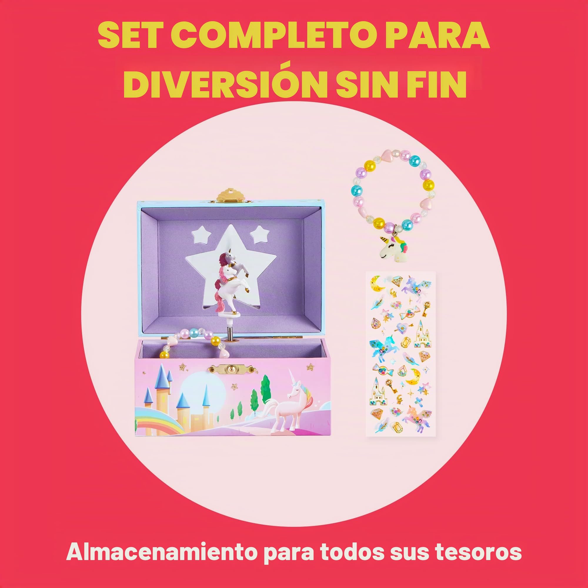 JOYIN Joyero musical de unicornio para niñas con espejo en forma de estrella, pulsera y calcomanías temáticas de unicornio giratorio y unicornio, regalo de cumpleaños