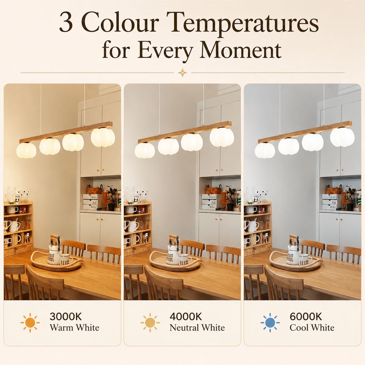 Lampadario Cucina LED in Legno, a Sospensione per Sala da Pranzo